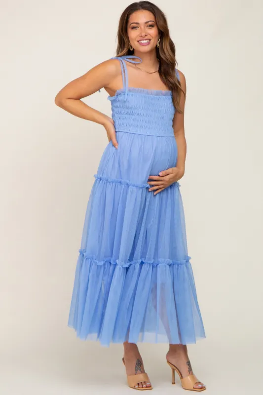 Light Blue Smocked Mesh Maternity Midi Dress sold by Pinkblush