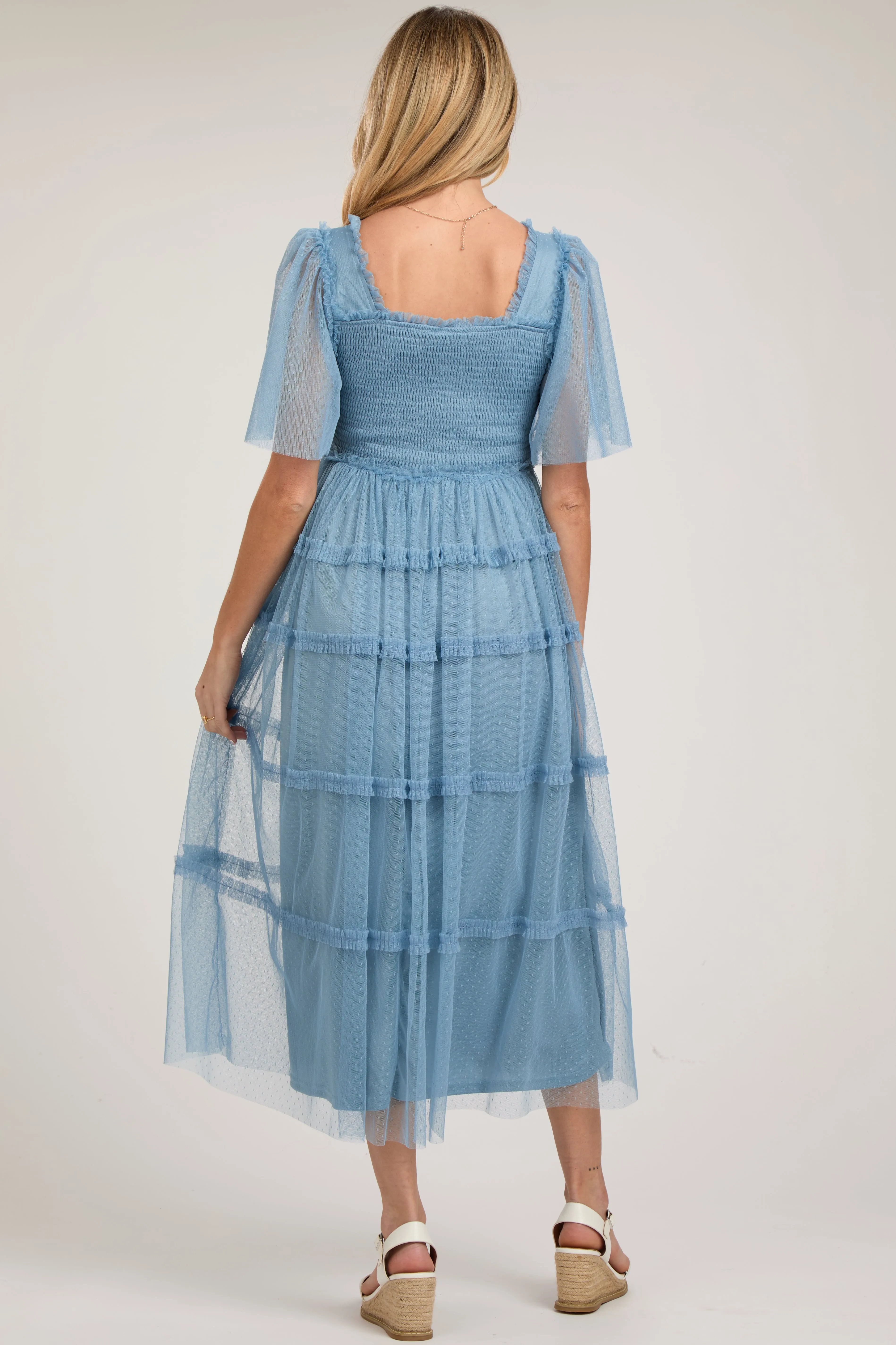 Blue Ruffled Mesh Maternity Maxi Dress sold by Pinkblush product image thumbnail 3