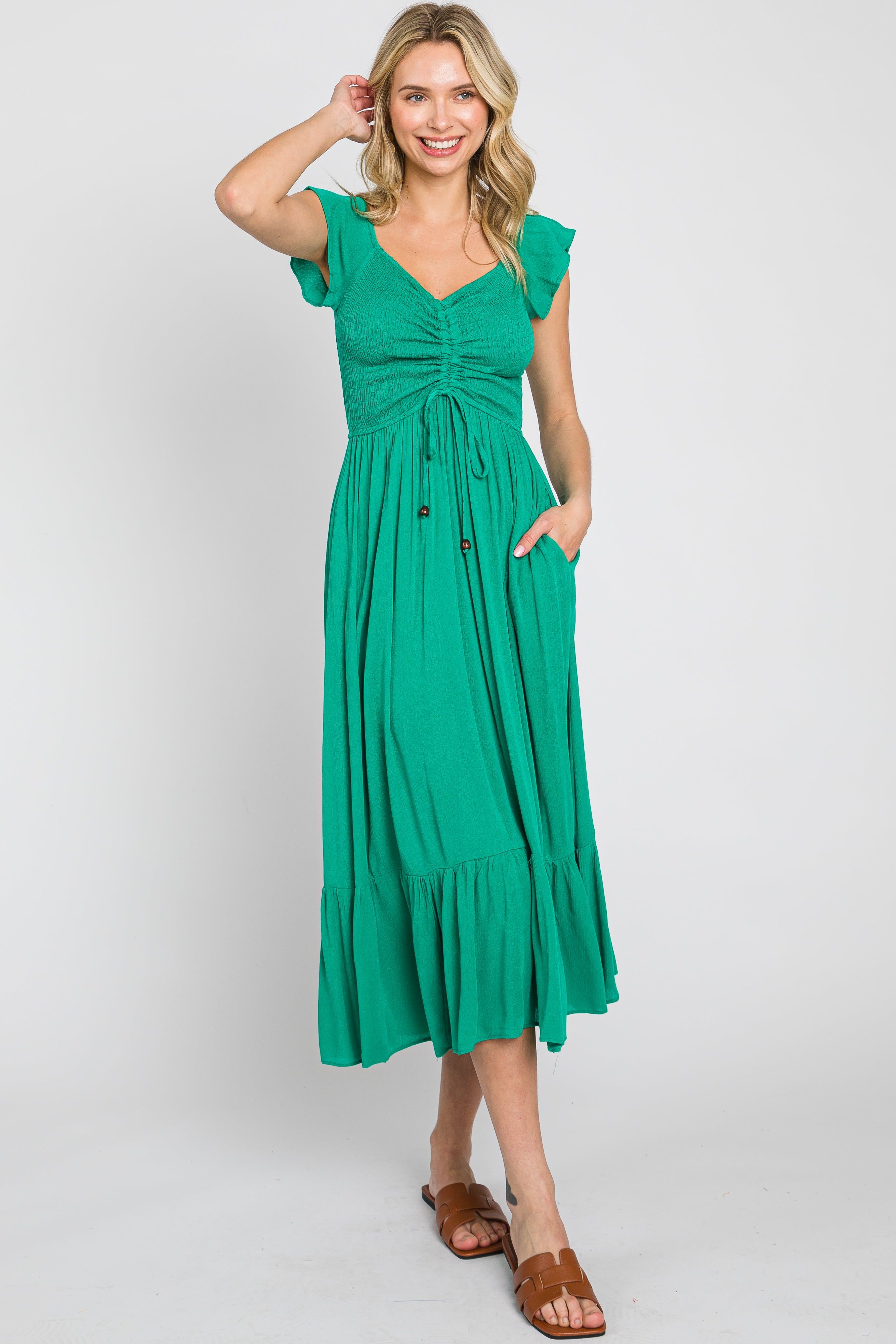 Green Smocked Ruched Ruffle Hem Maxi Dress sold by Pinkblush product image thumbnail 2