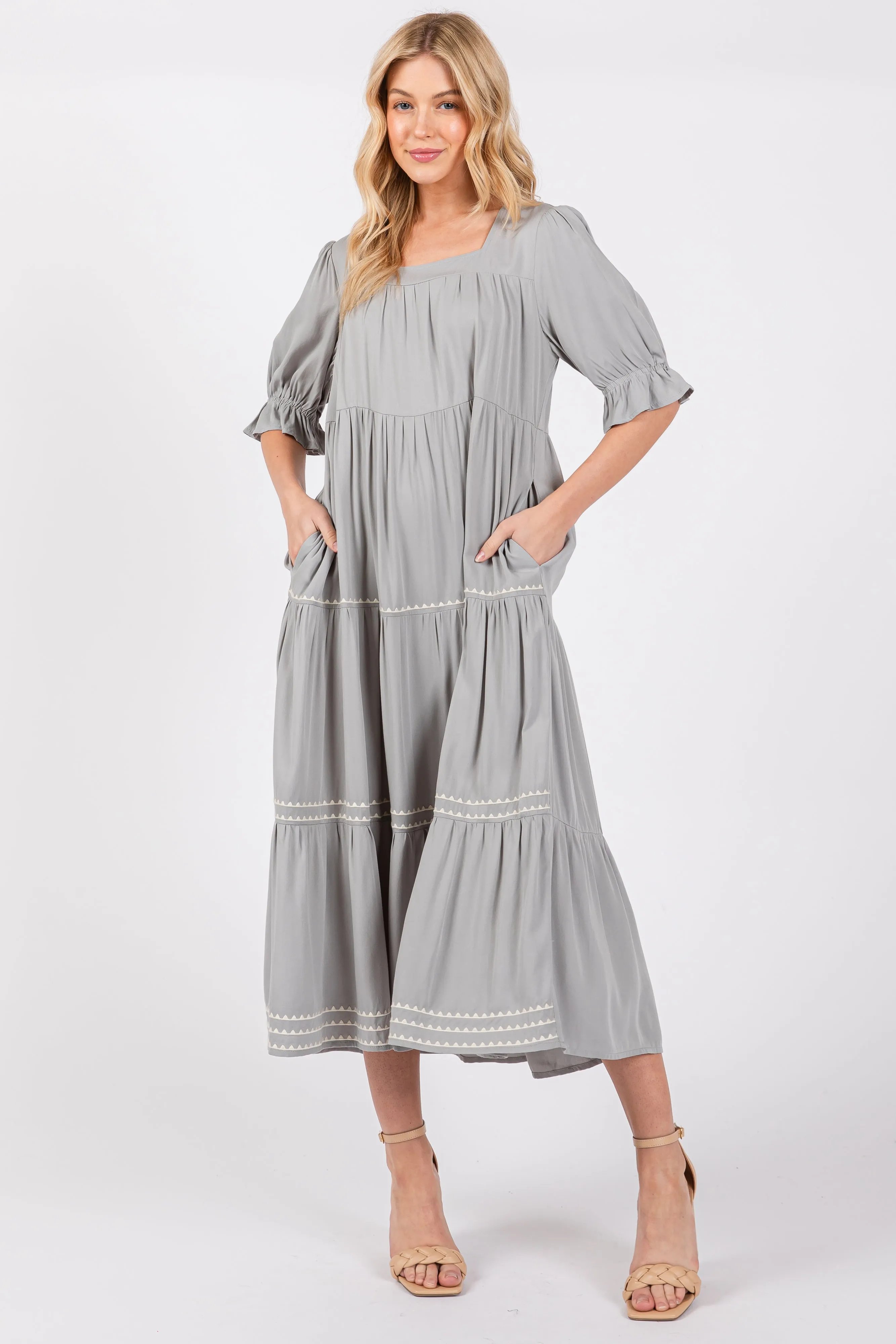 Grey Embroidered Tiered Maternity Midi Dress sold by Pinkblush product image thumbnail 3
