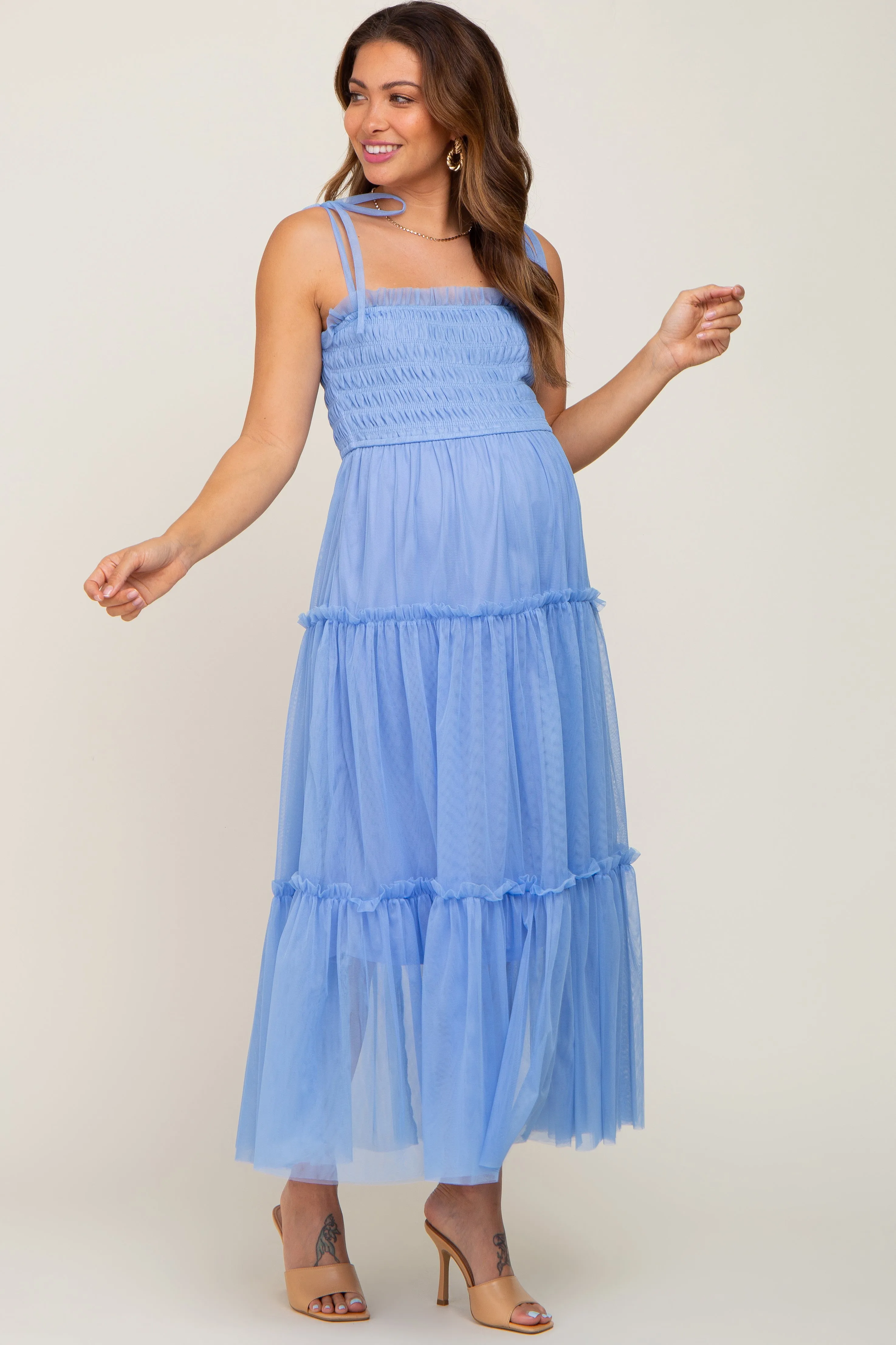 Light Blue Smocked Mesh Maternity Midi Dress sold by Pinkblush product image thumbnail 4