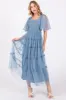 Blue Ruffled Mesh Maternity Maxi Dress sold by Pinkblush