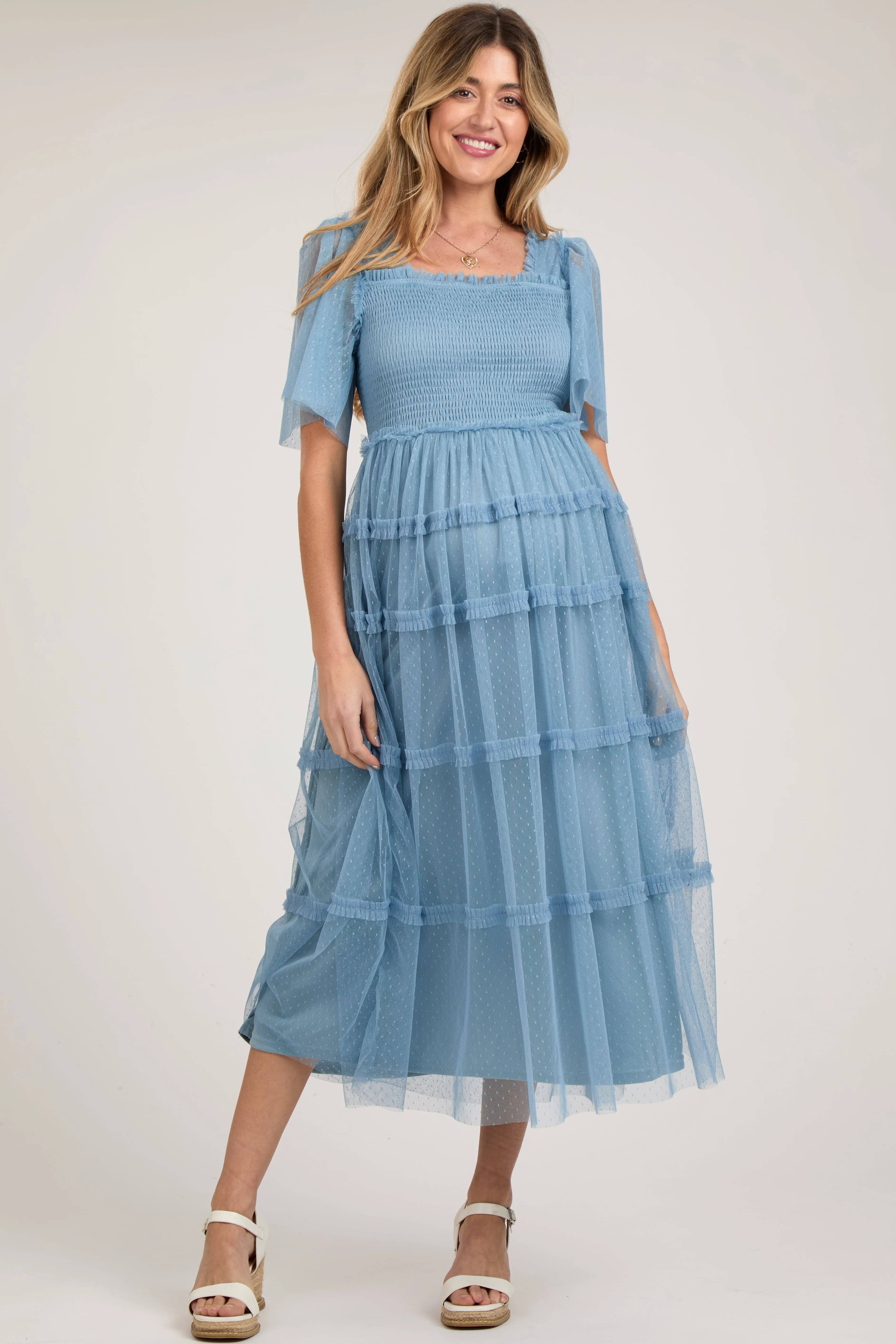 Blue Ruffled Mesh Maternity Maxi Dress sold by Pinkblush