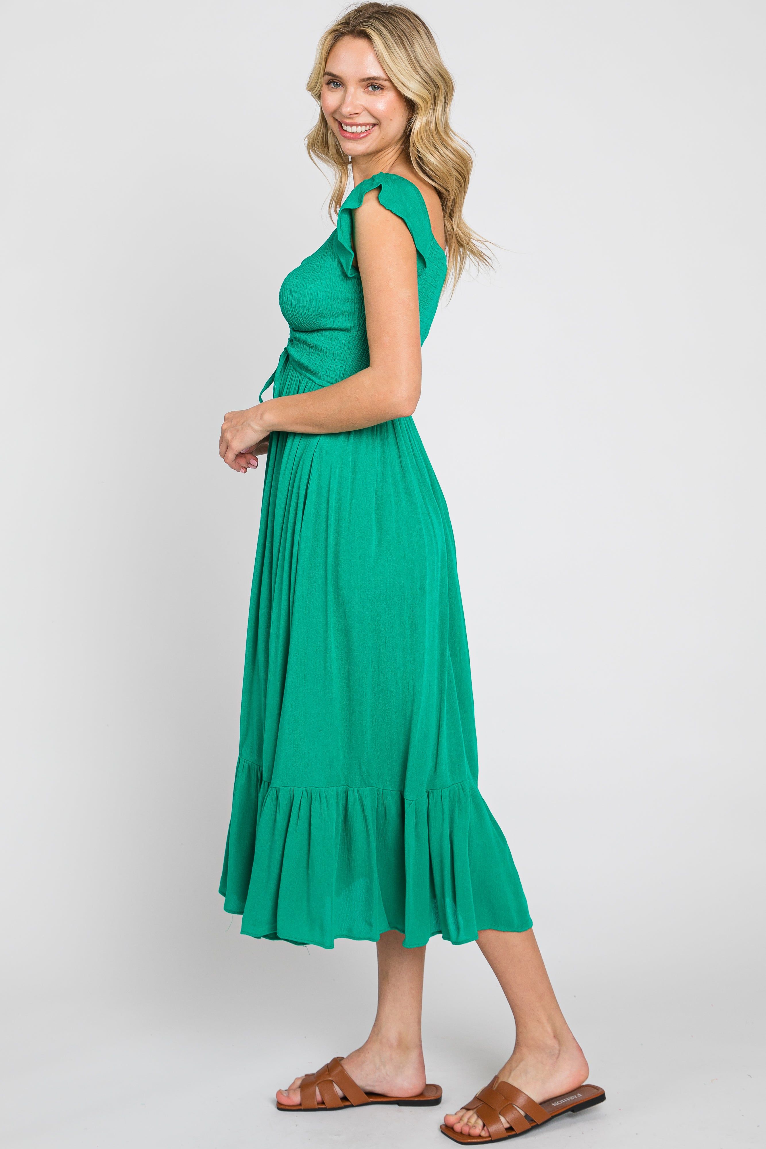 Green Smocked Ruched Ruffle Hem Maxi Dress sold by Pinkblush product image thumbnail 3
