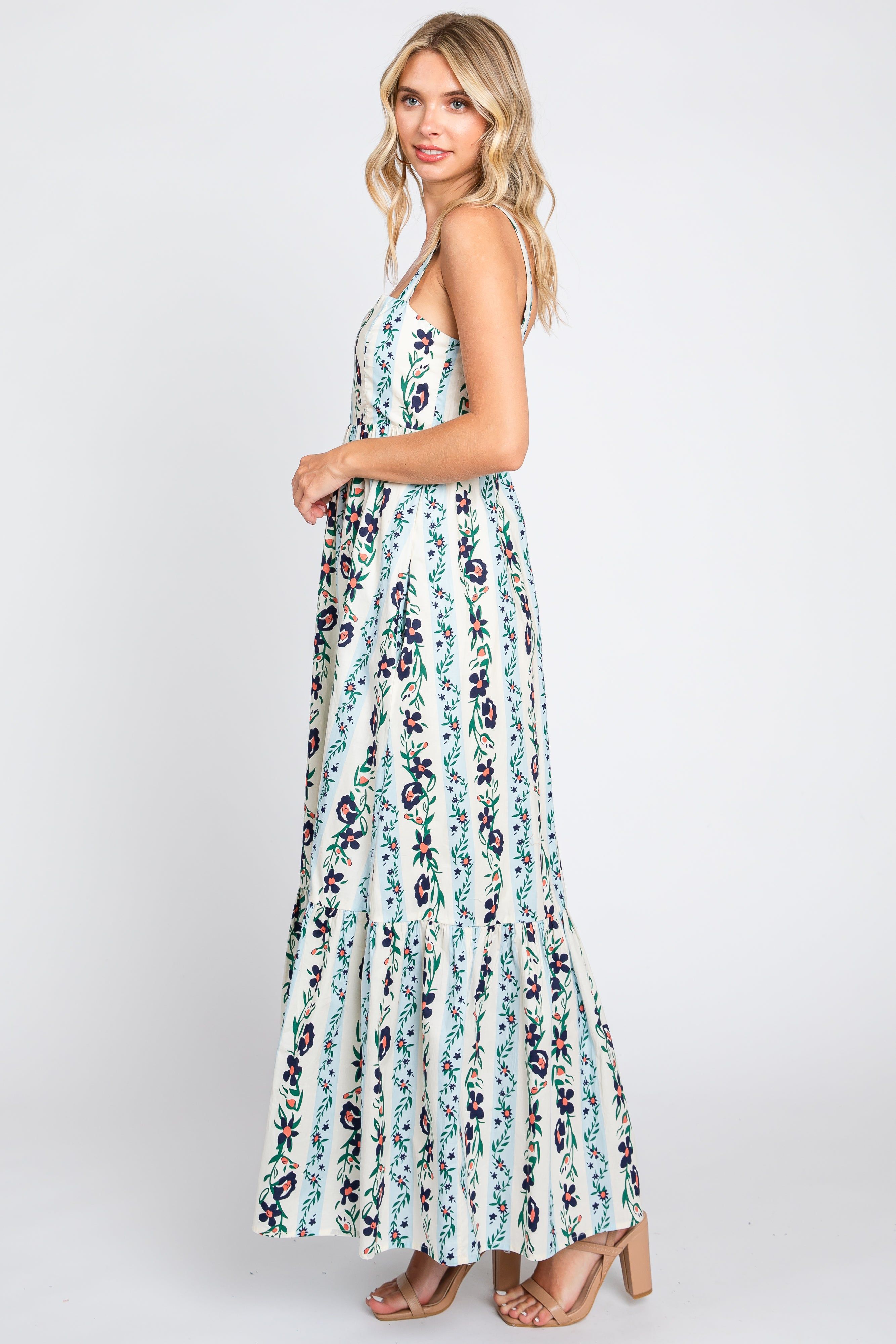 Blue Floral Striped Square Neck Maxi Dress sold by Pinkblush product image thumbnail 2