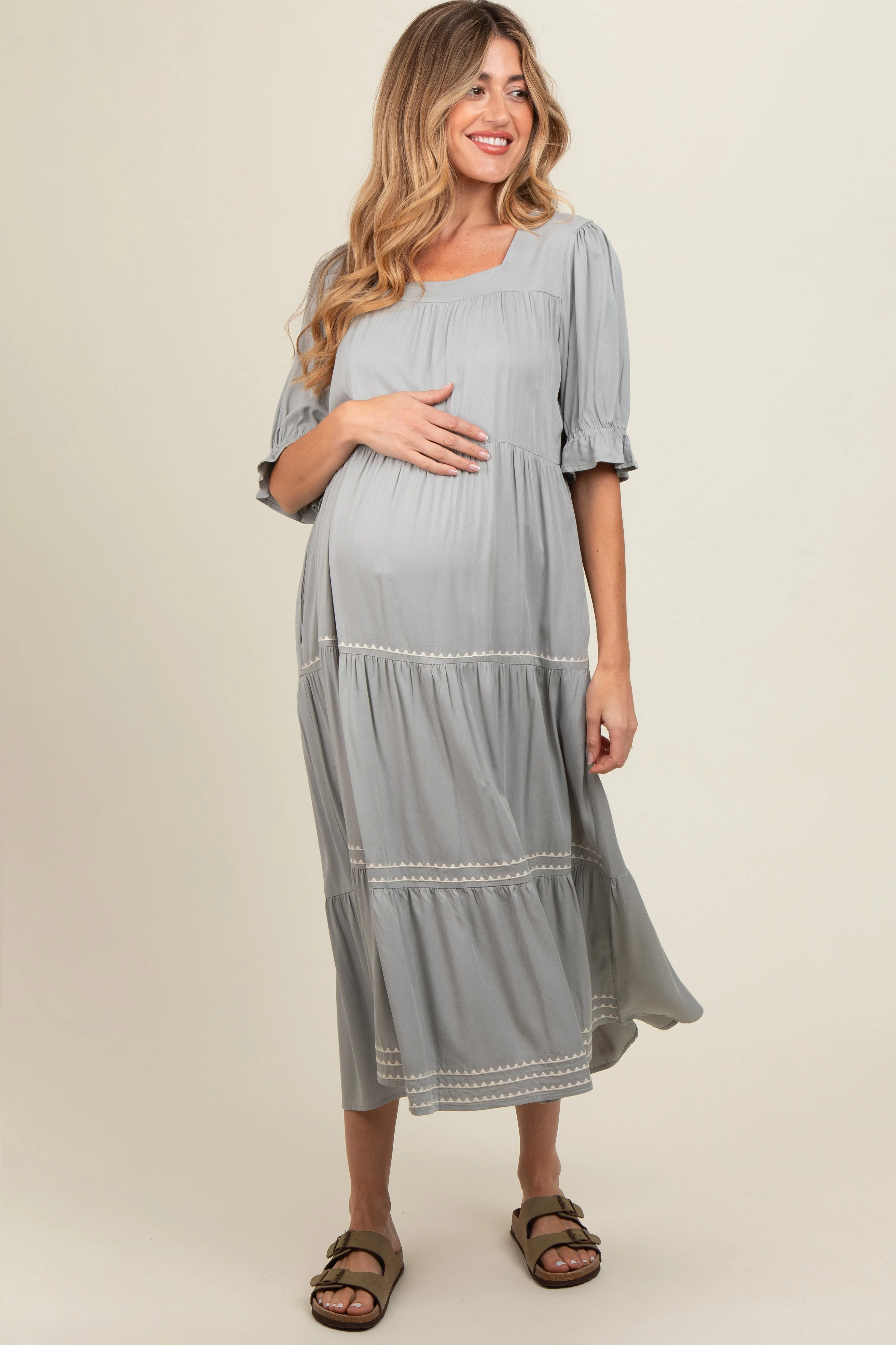Grey Embroidered Tiered Maternity Midi Dress sold by Pinkblush