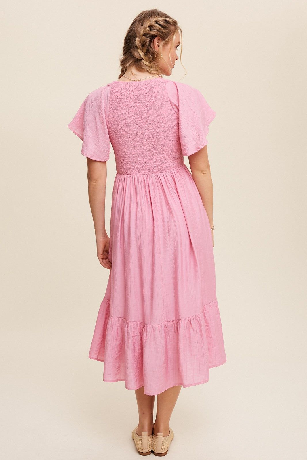 Pink V-Neck Smocked Ruffle Sleeve Maxi Dress sold by Pinkblush product image thumbnail 3