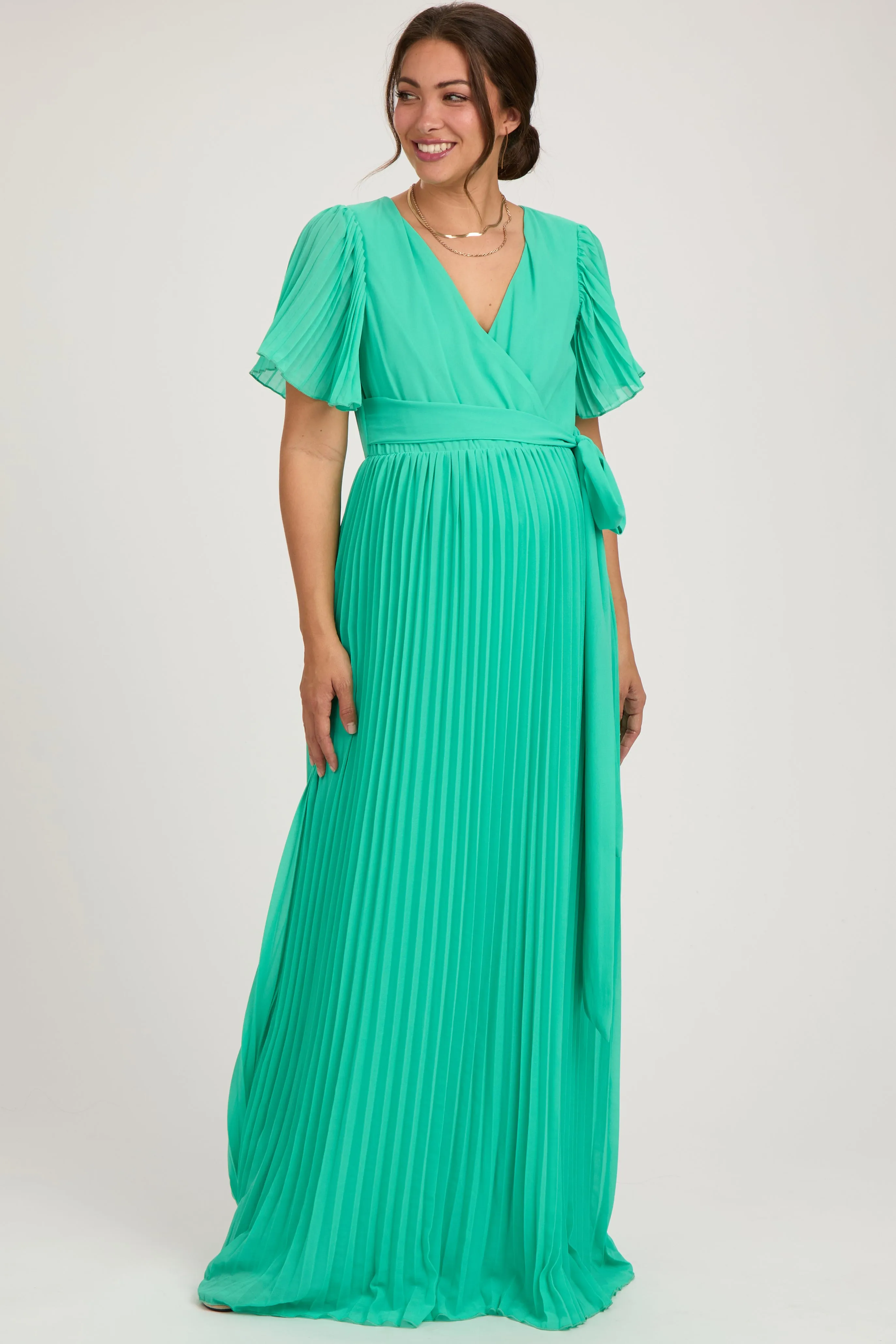 Aqua Chiffon Wrap Front V-Neck Short Sleeve Pleated Maternity Maxi Dress sold by Pinkblush product image thumbnail 3