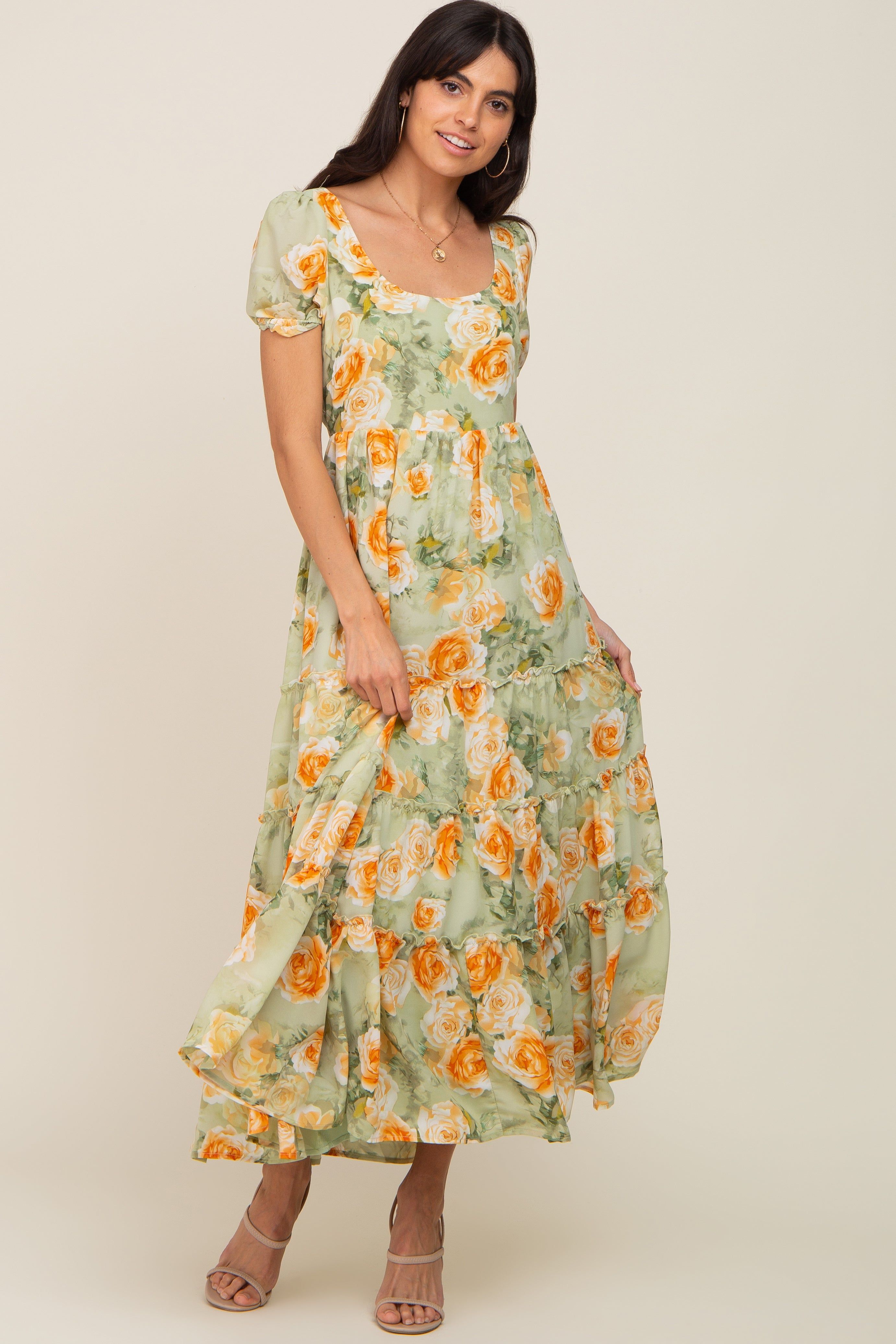 Light Olive Floral Tiered Cutout Back Maxi Dress sold by Pinkblush product image thumbnail 4