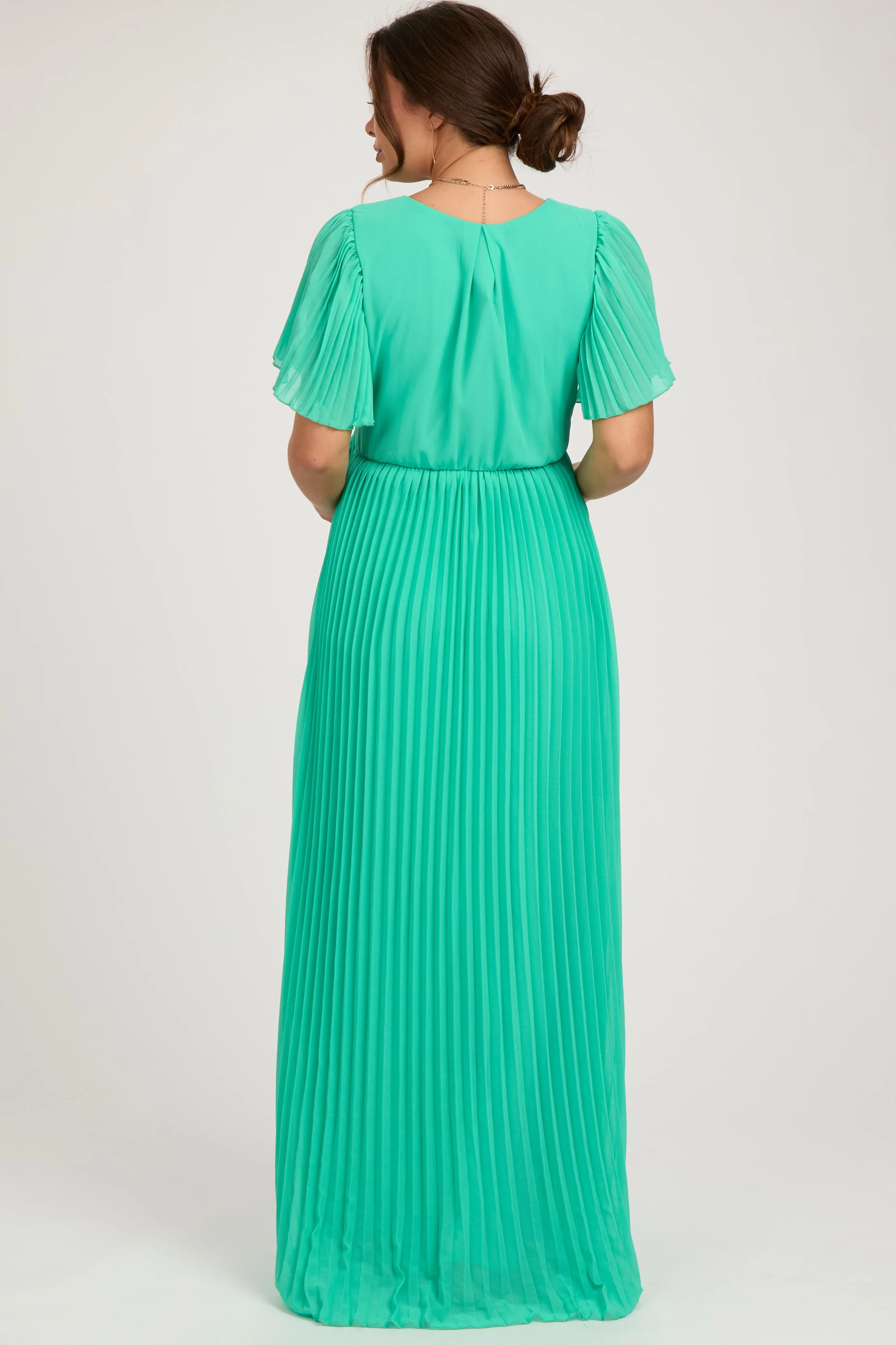 Aqua Chiffon Wrap Front V-Neck Short Sleeve Pleated Maternity Maxi Dress sold by Pinkblush product image thumbnail 4