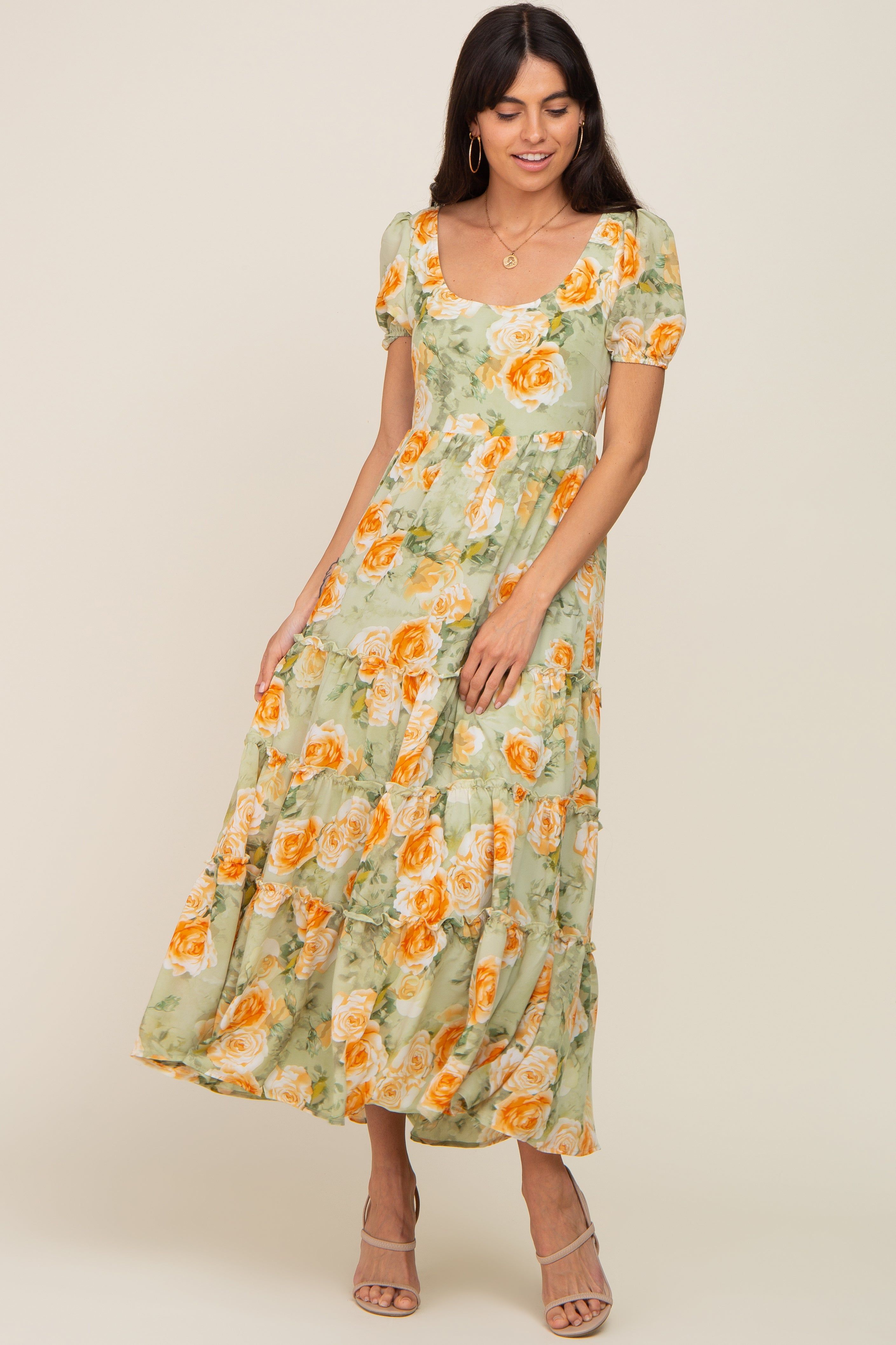 Light Olive Floral Tiered Cutout Back Maxi Dress sold by Pinkblush product image thumbnail 5