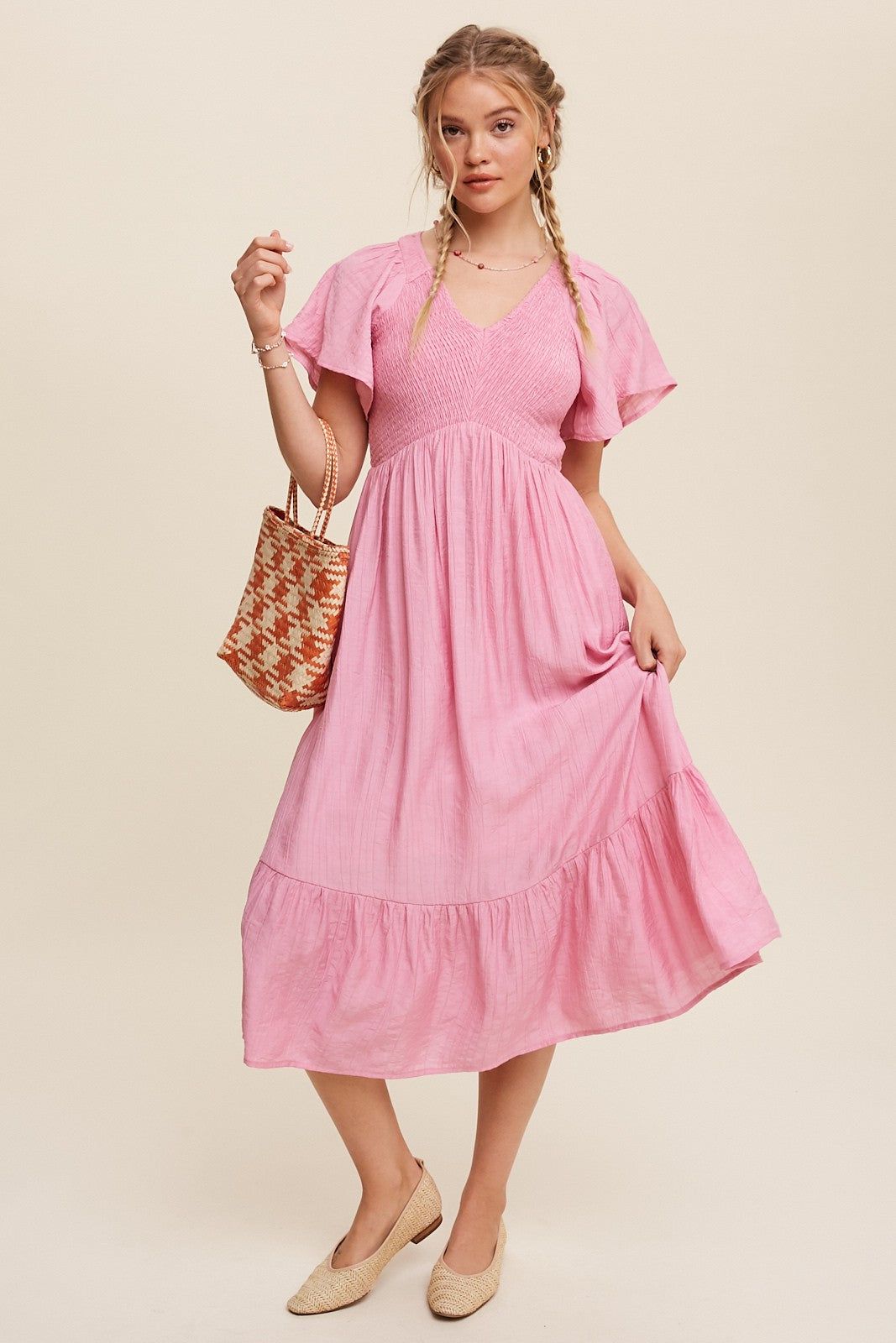 Pink V-Neck Smocked Ruffle Sleeve Maxi Dress sold by Pinkblush