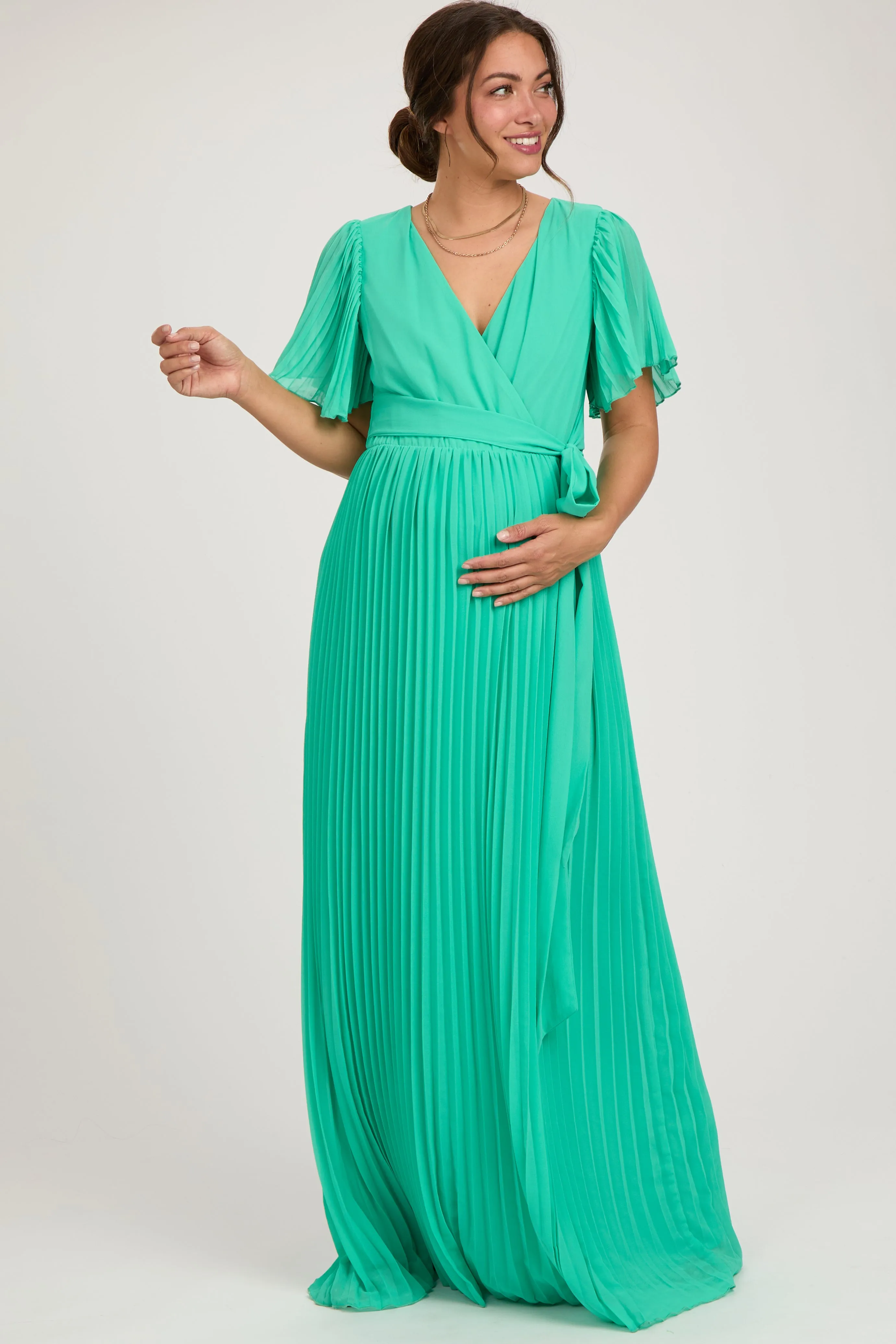 Aqua Chiffon Wrap Front V-Neck Short Sleeve Pleated Maternity Maxi Dress sold by Pinkblush
