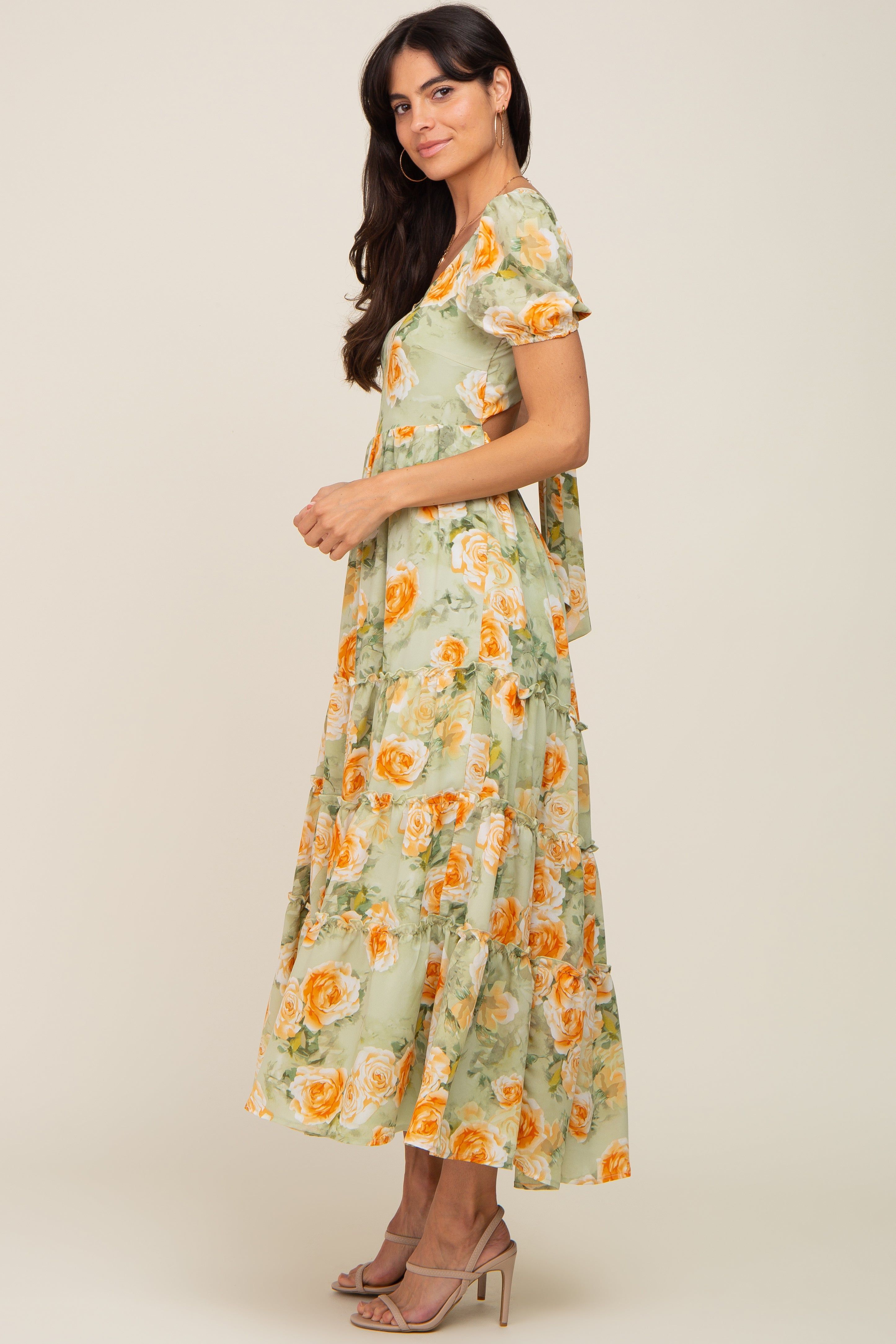 Light Olive Floral Tiered Cutout Back Maxi Dress sold by Pinkblush product image thumbnail 2