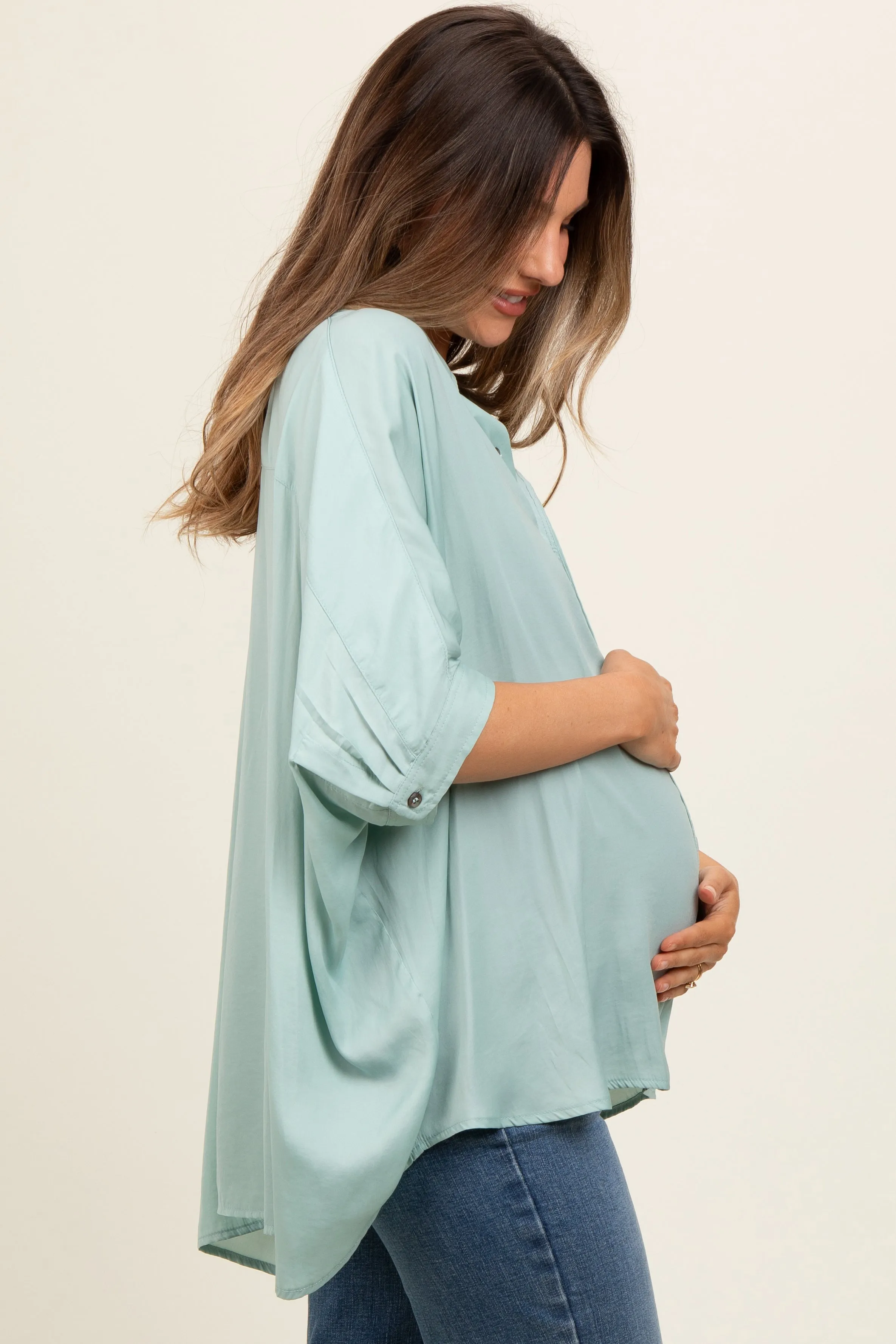 Sage Satin Oversized Maternity Shirt sold by Pinkblush product image thumbnail 3