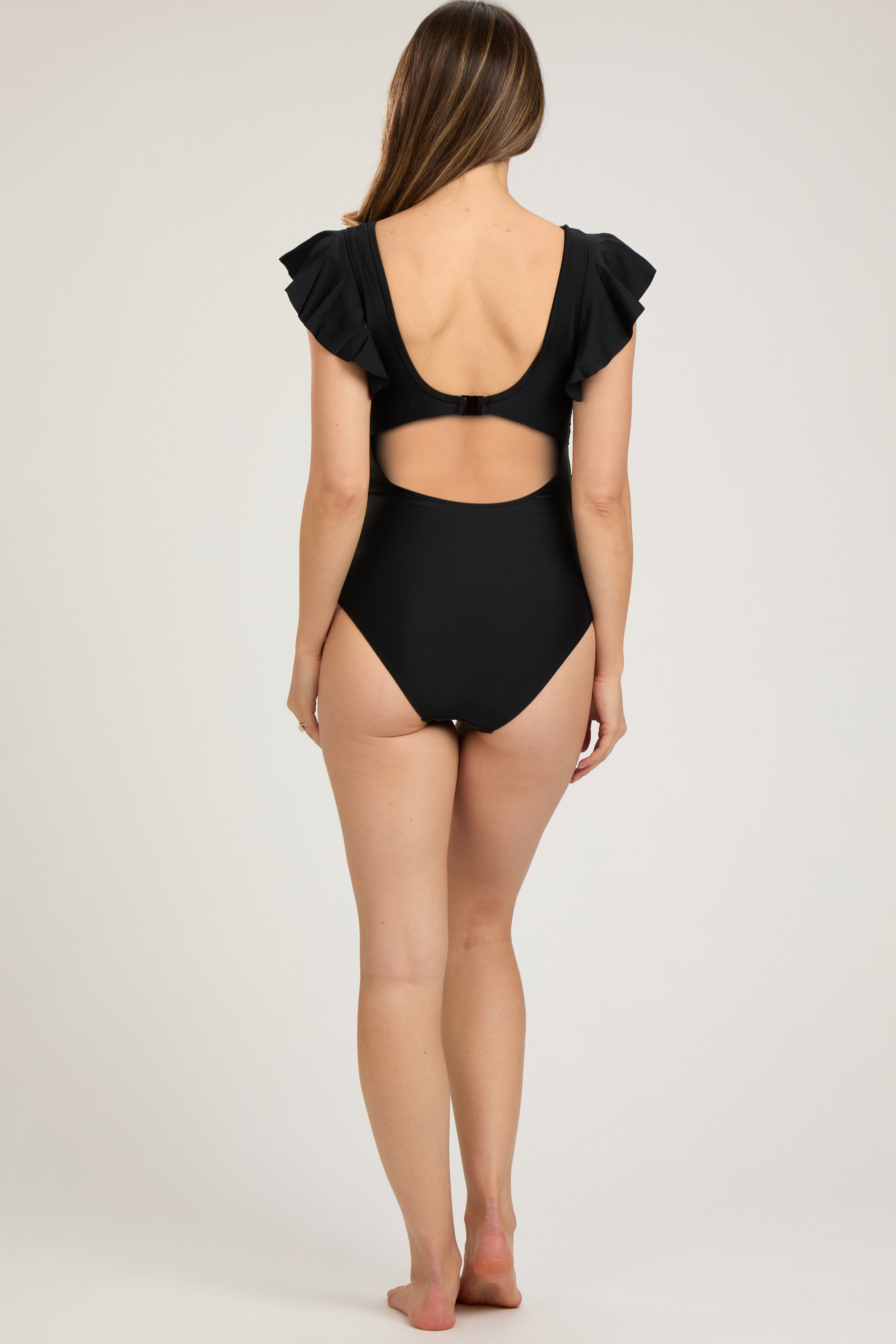 Black Crochet Detail Ruched Maternity One Piece Swimsuit sold by Pinkblush product image thumbnail 4