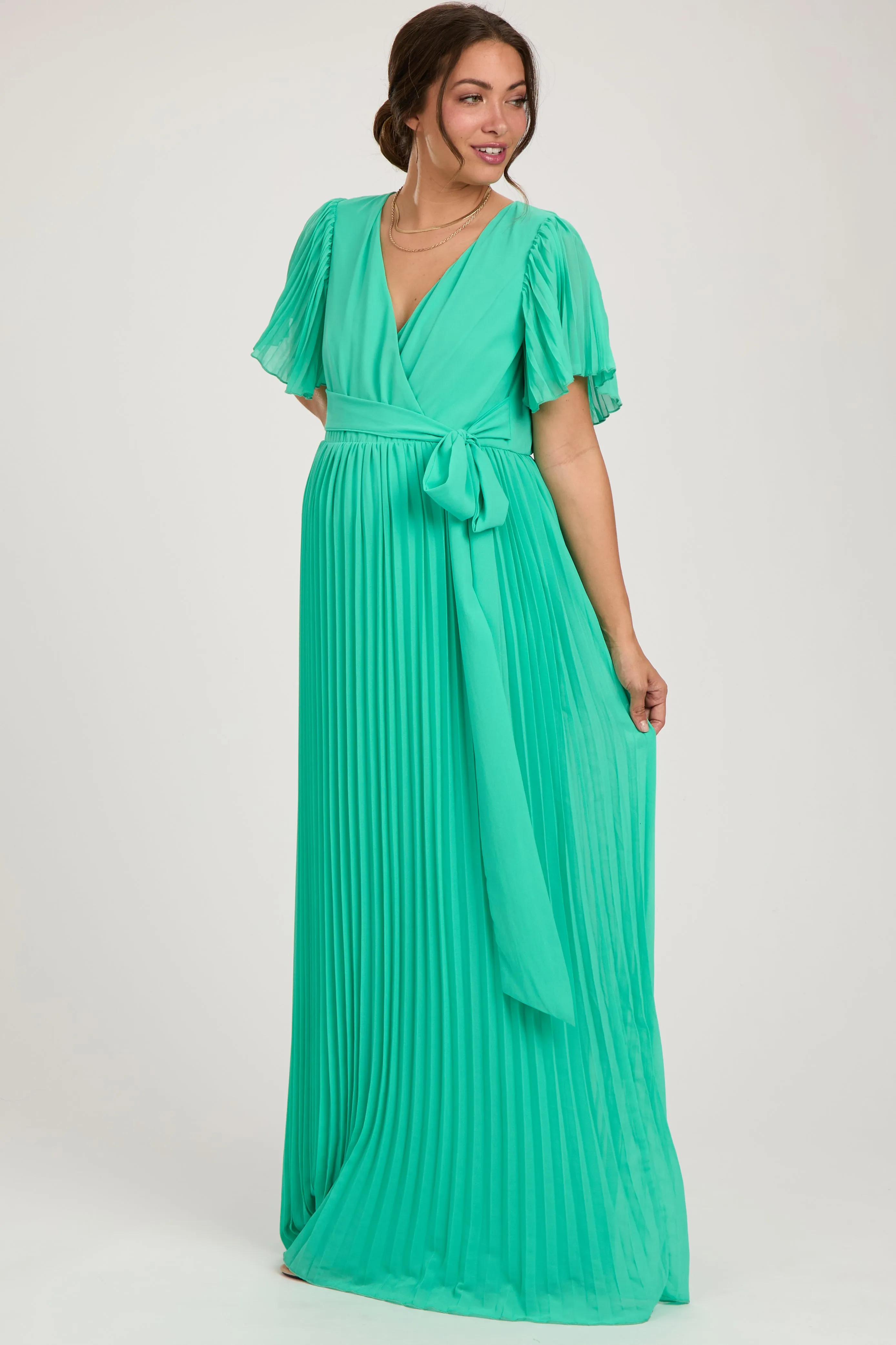 Aqua Chiffon Wrap Front V-Neck Short Sleeve Pleated Maternity Maxi Dress sold by Pinkblush product image thumbnail 2