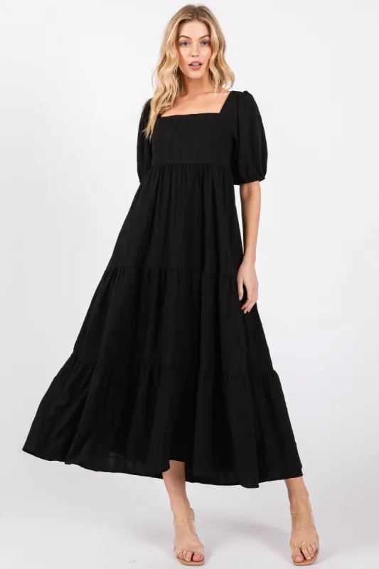Black Textured Tiered Midi Dress made by Pinkblush