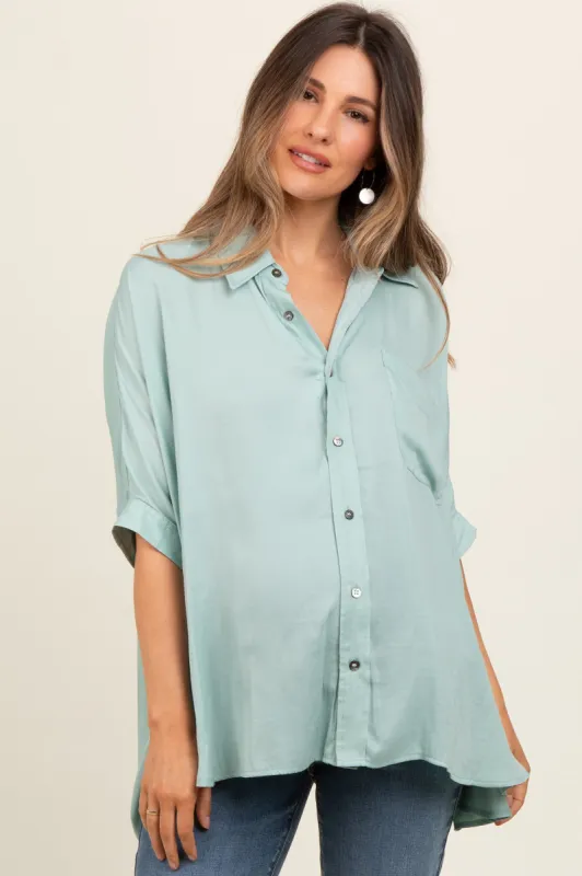 Sage Satin Oversized Maternity Shirt sold by Pinkblush