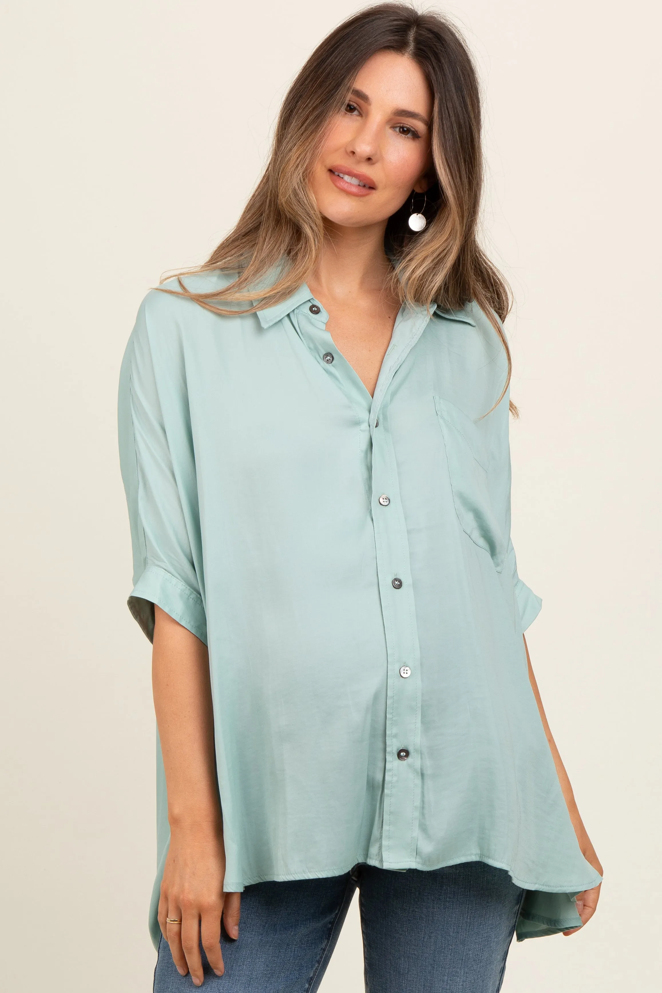 Sage Satin Oversized Maternity Shirt sold by Pinkblush