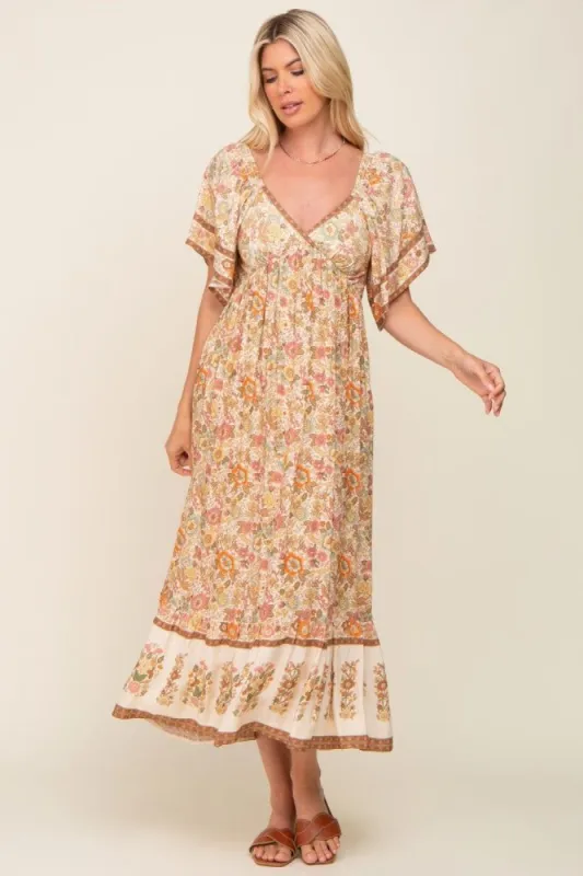 Cream Floral Print Wrap V-Neck Midi Dress sold by Pinkblush