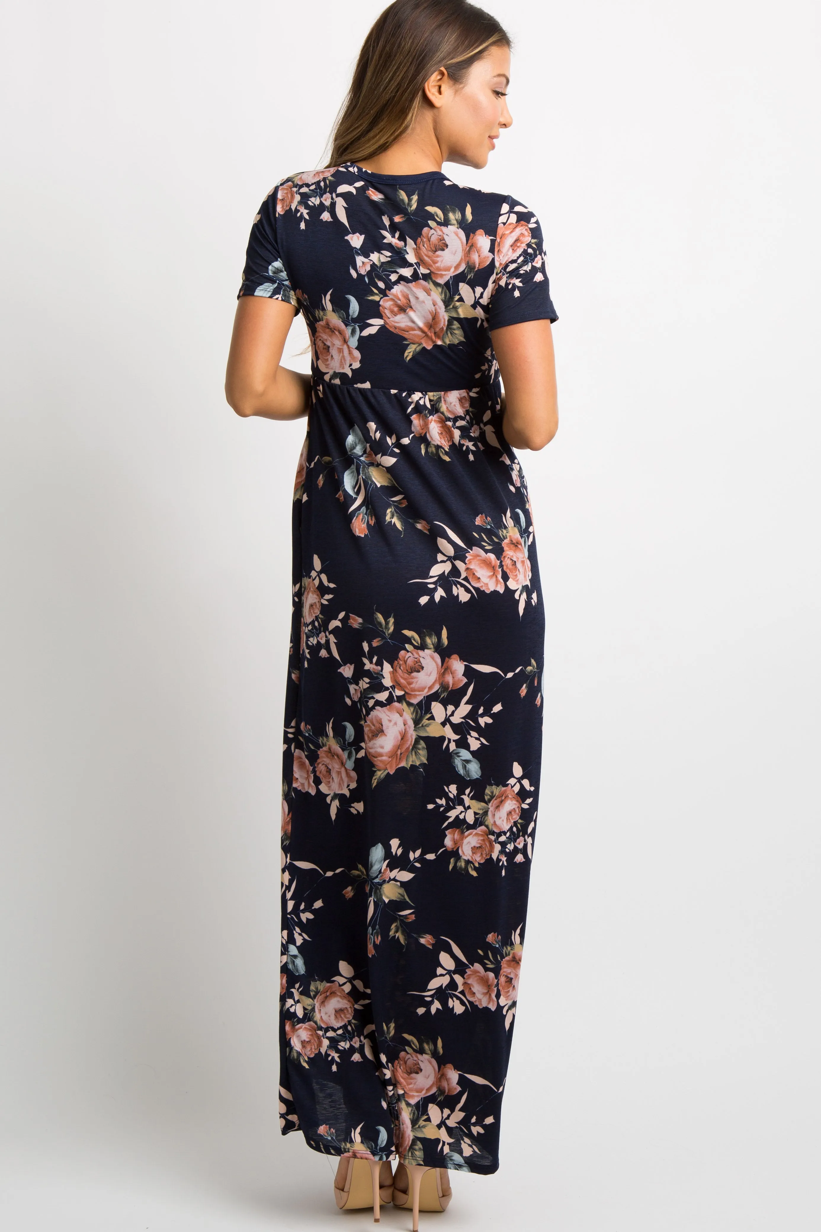 Navy Blue Rose Print Short Sleeve Maxi Dress sold by Pinkblush product image thumbnail 3