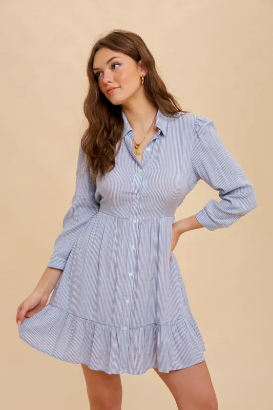Soft Blue Tie Waist Stripe Shirt Dress sold by Pinkblush