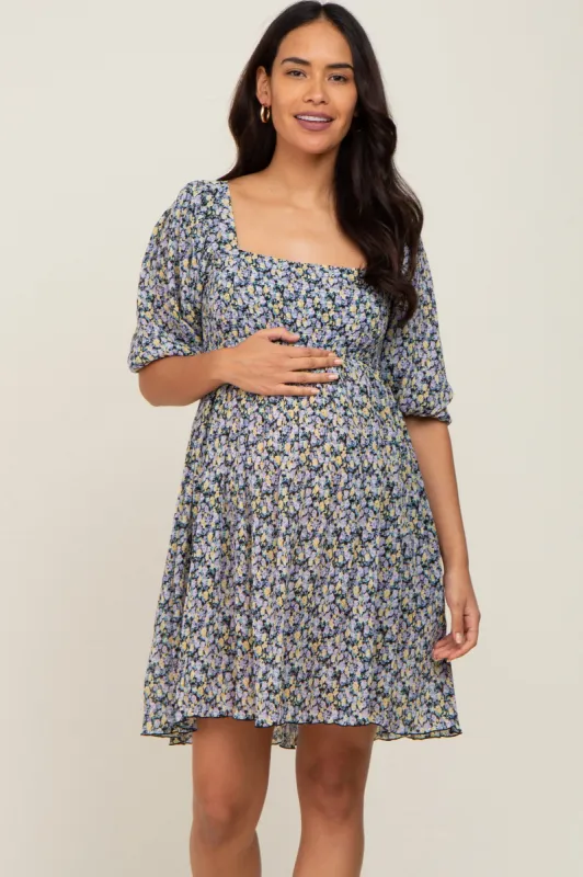 Black Floral Pleated Puff Sleeve Maternity Dress sold by Pinkblush