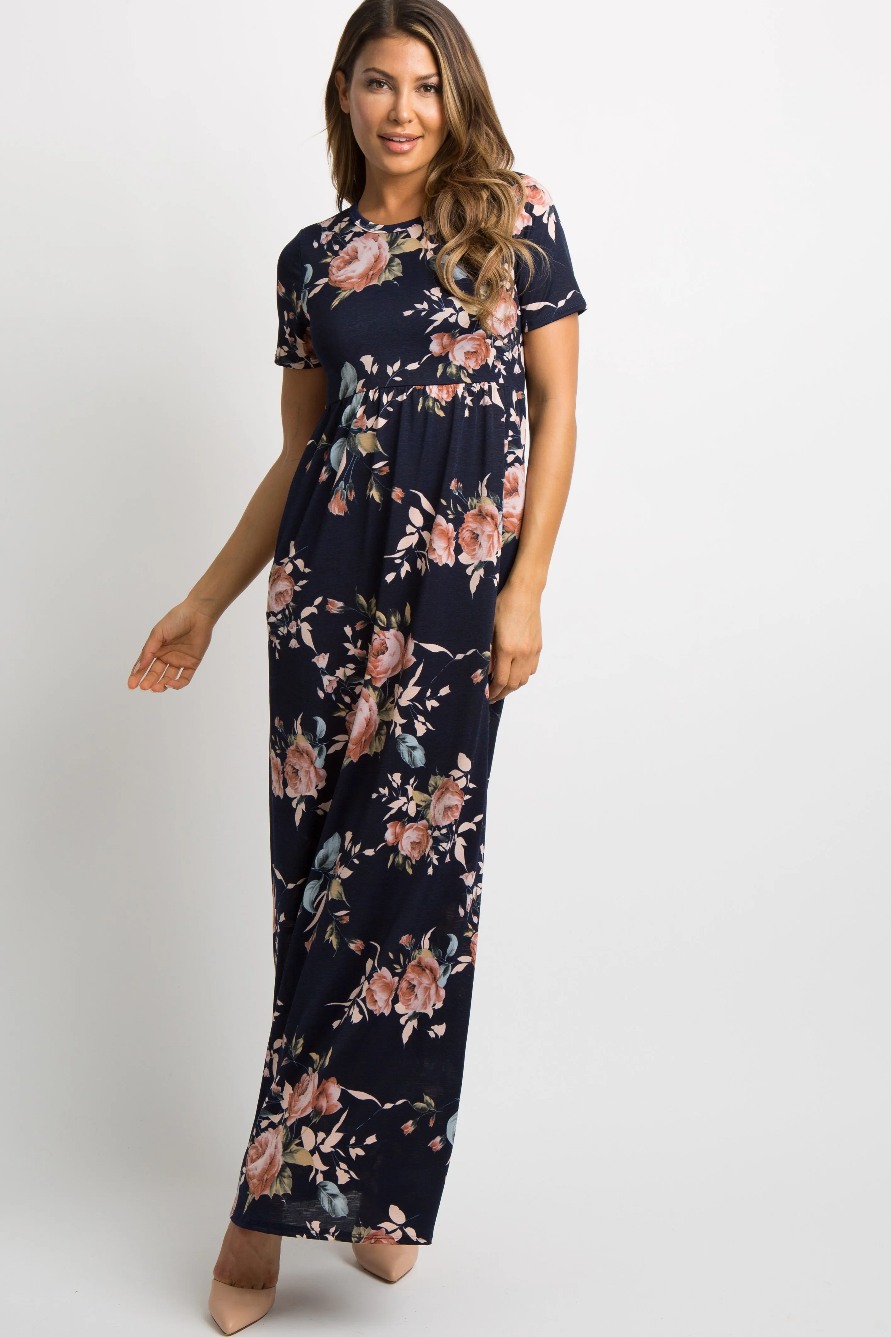 Navy Blue Rose Print Short Sleeve Maxi Dress sold by Pinkblush