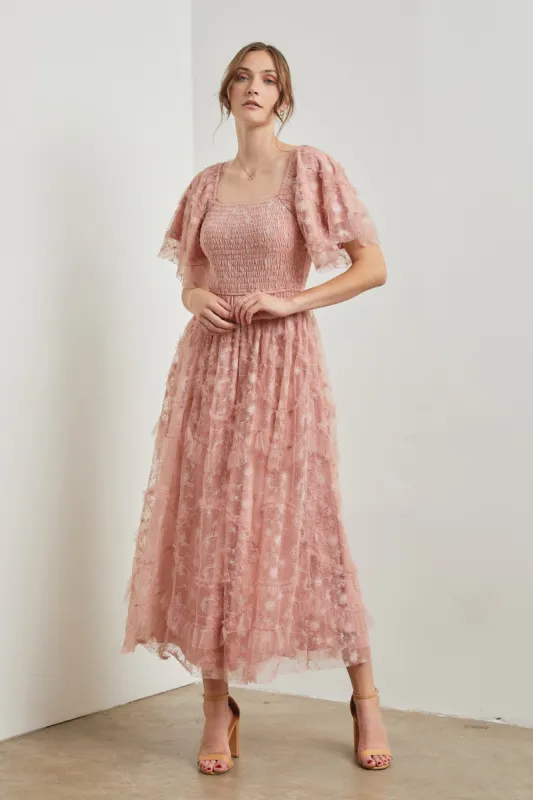 Pink Floral Embroidered Ruffle Tulle Midi Dress sold by Pinkblush