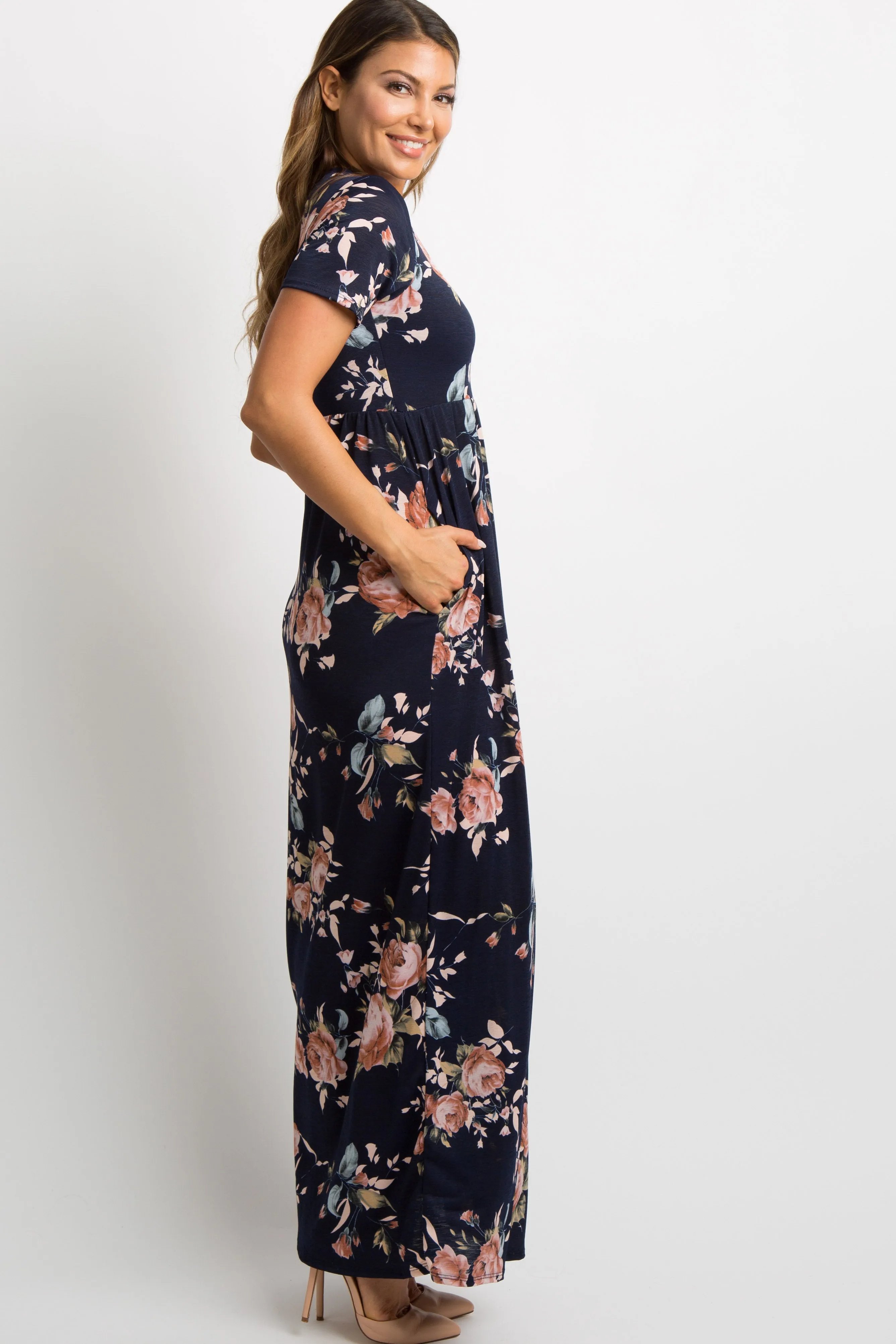 Navy Blue Rose Print Short Sleeve Maxi Dress sold by Pinkblush product image thumbnail 2