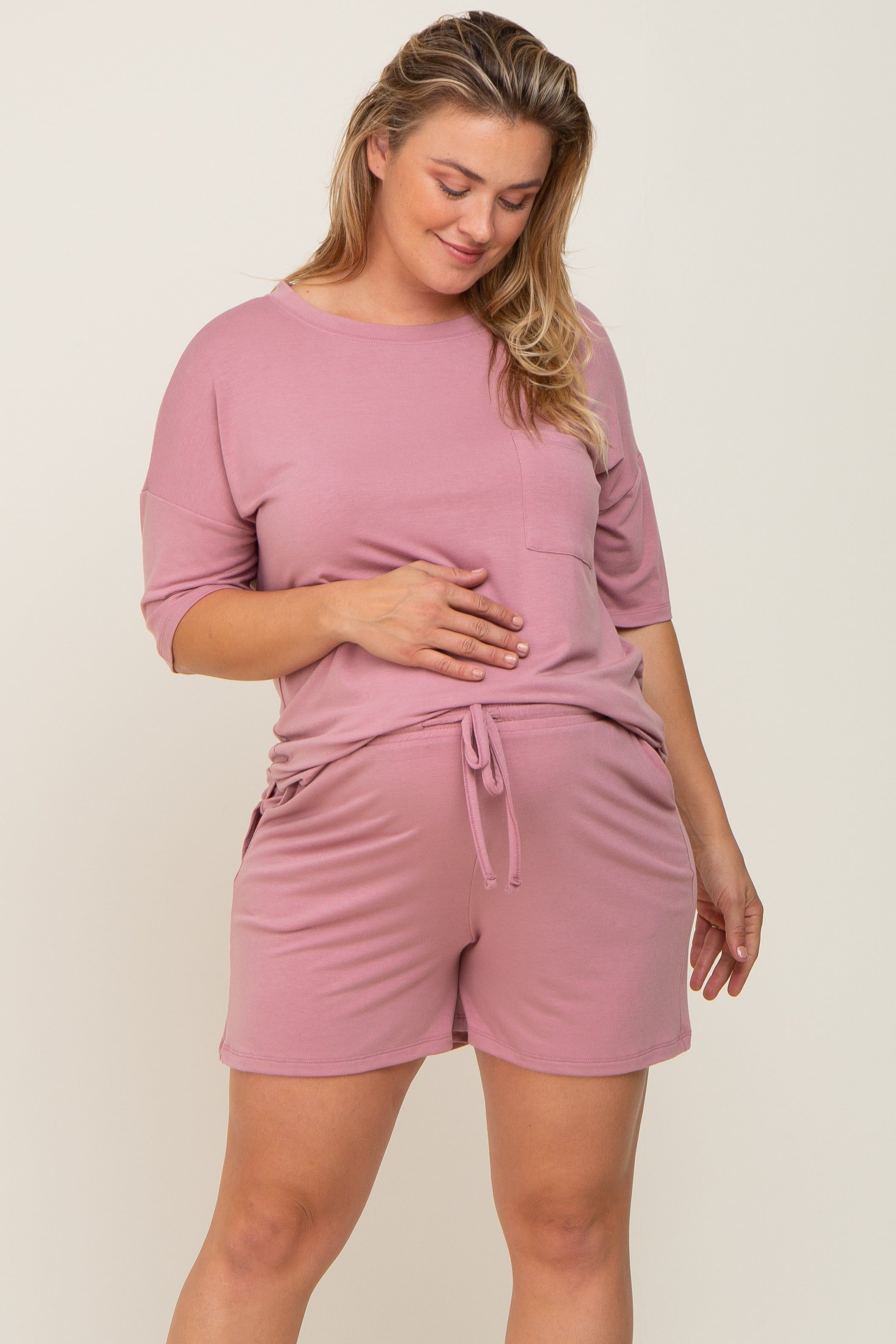 Mauve Pocket Front Maternity Plus Pajama Short Set sold by Pinkblush