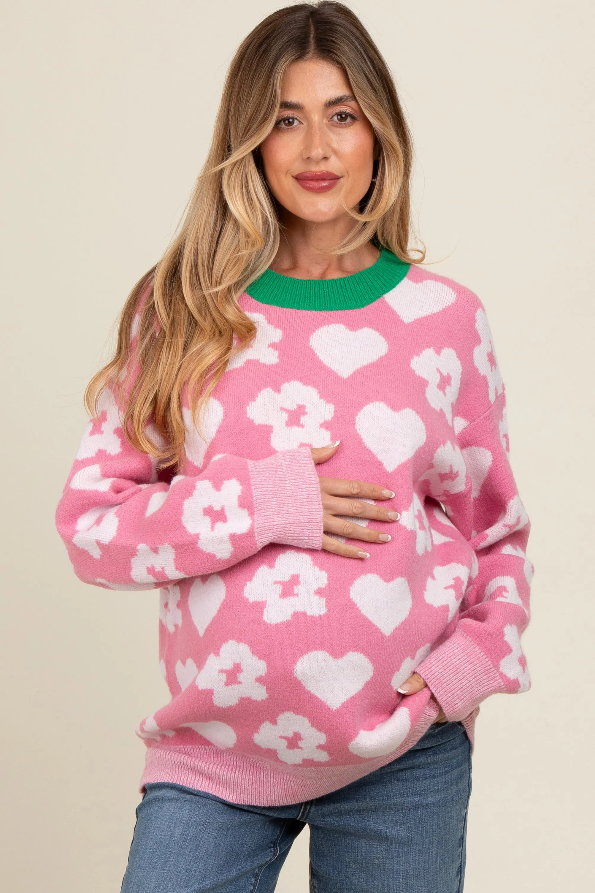 Pink Floral Heart Print Maternity Sweater sold by Pinkblush