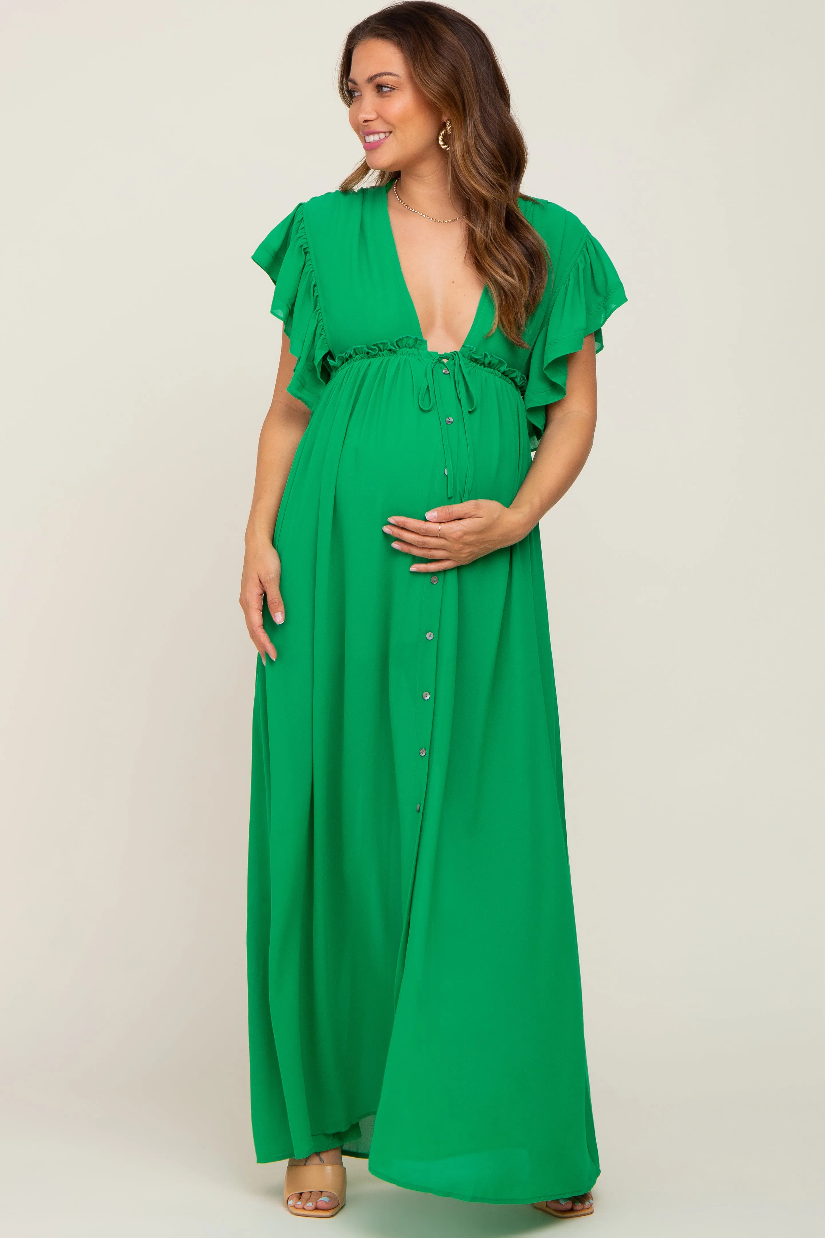 Green Flounce Button Front Maternity Maxi Dress sold by Pinkblush