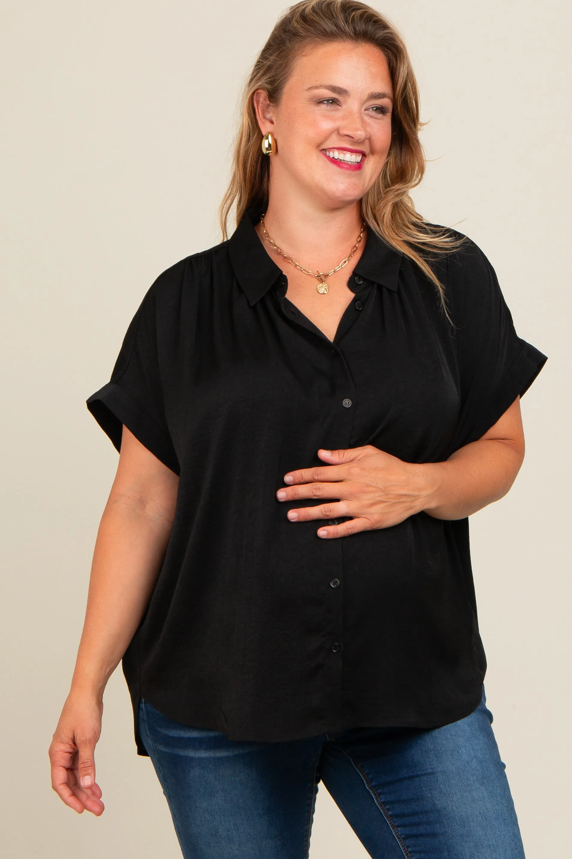 Black Button Down Dolman Sleeve Maternity Plus Top sold by Pinkblush product image thumbnail 2