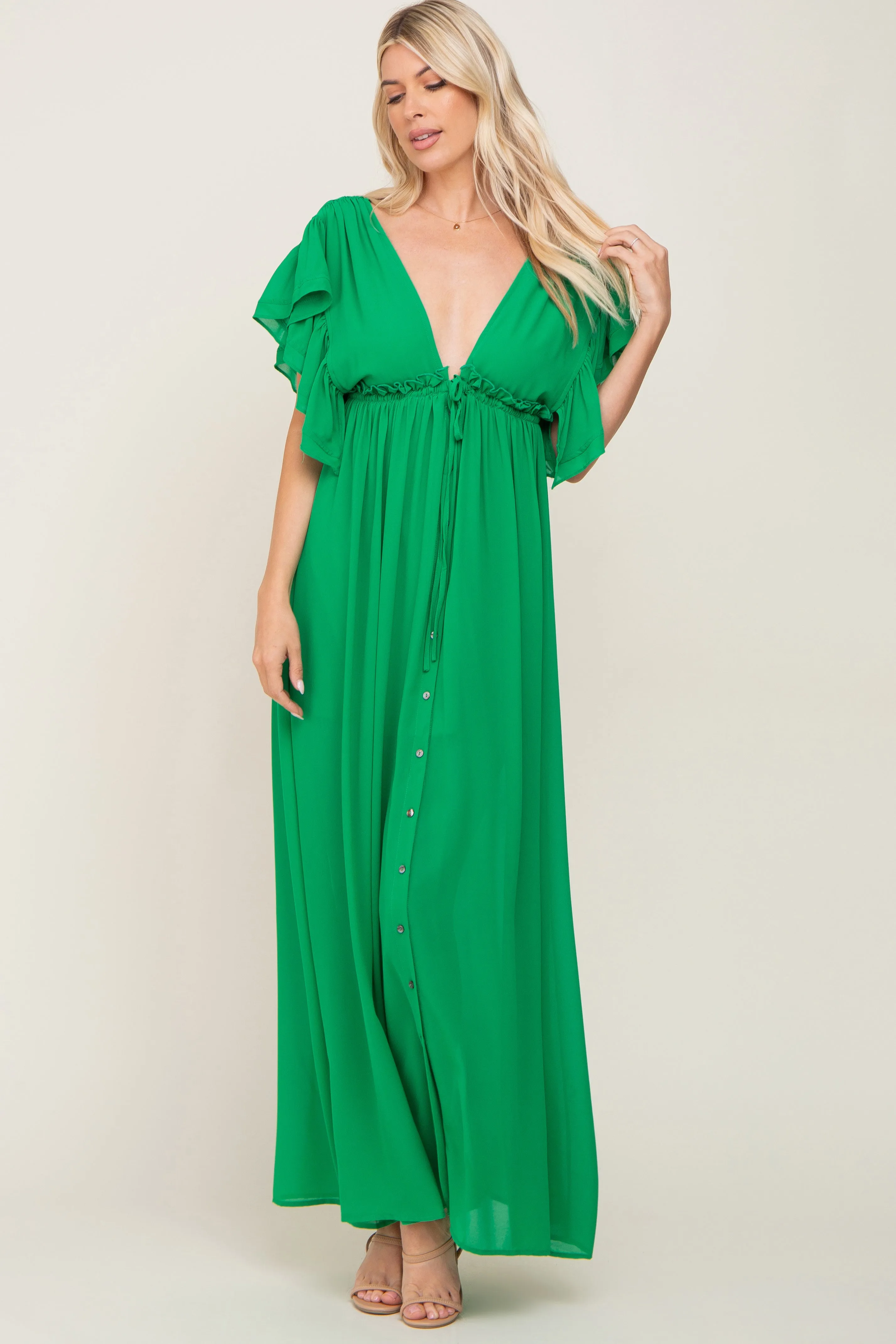 Green Flounce Button Front Maternity Maxi Dress sold by Pinkblush product image thumbnail 5