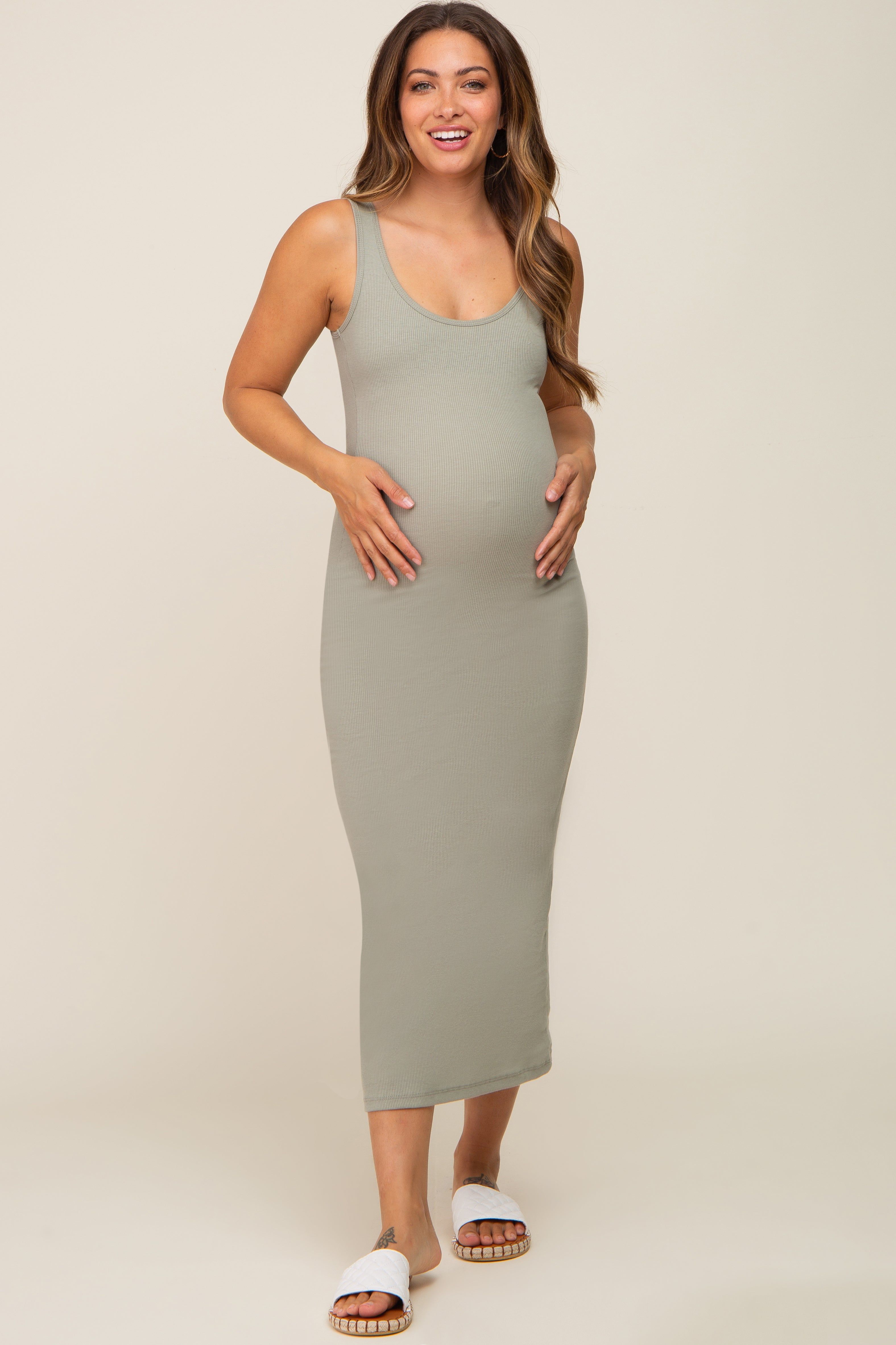 Light Olive Ribbed Basic Maternity Maxi Dress sold by Pinkblush product image thumbnail 4
