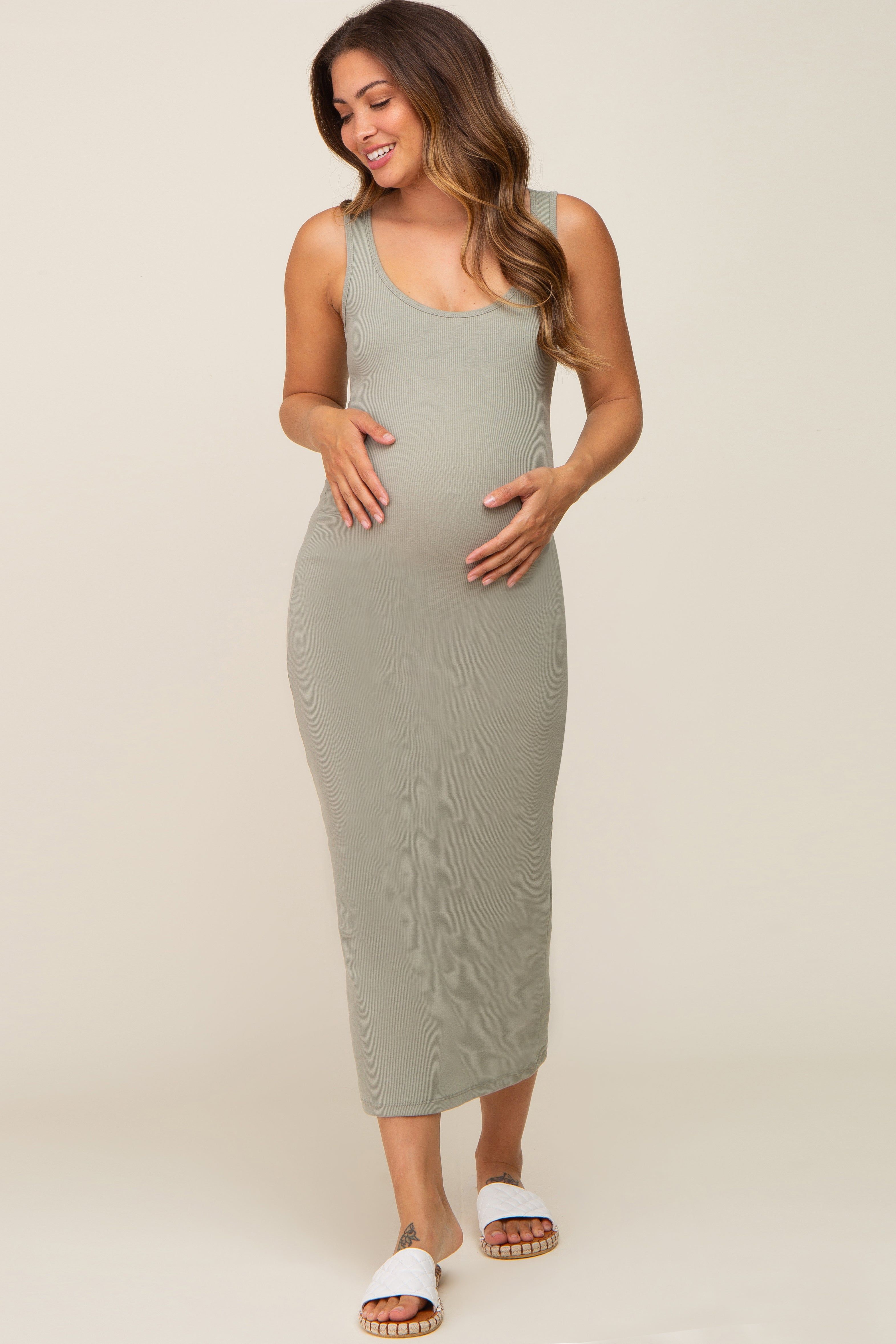 Light Olive Ribbed Basic Maternity Maxi Dress sold by Pinkblush
