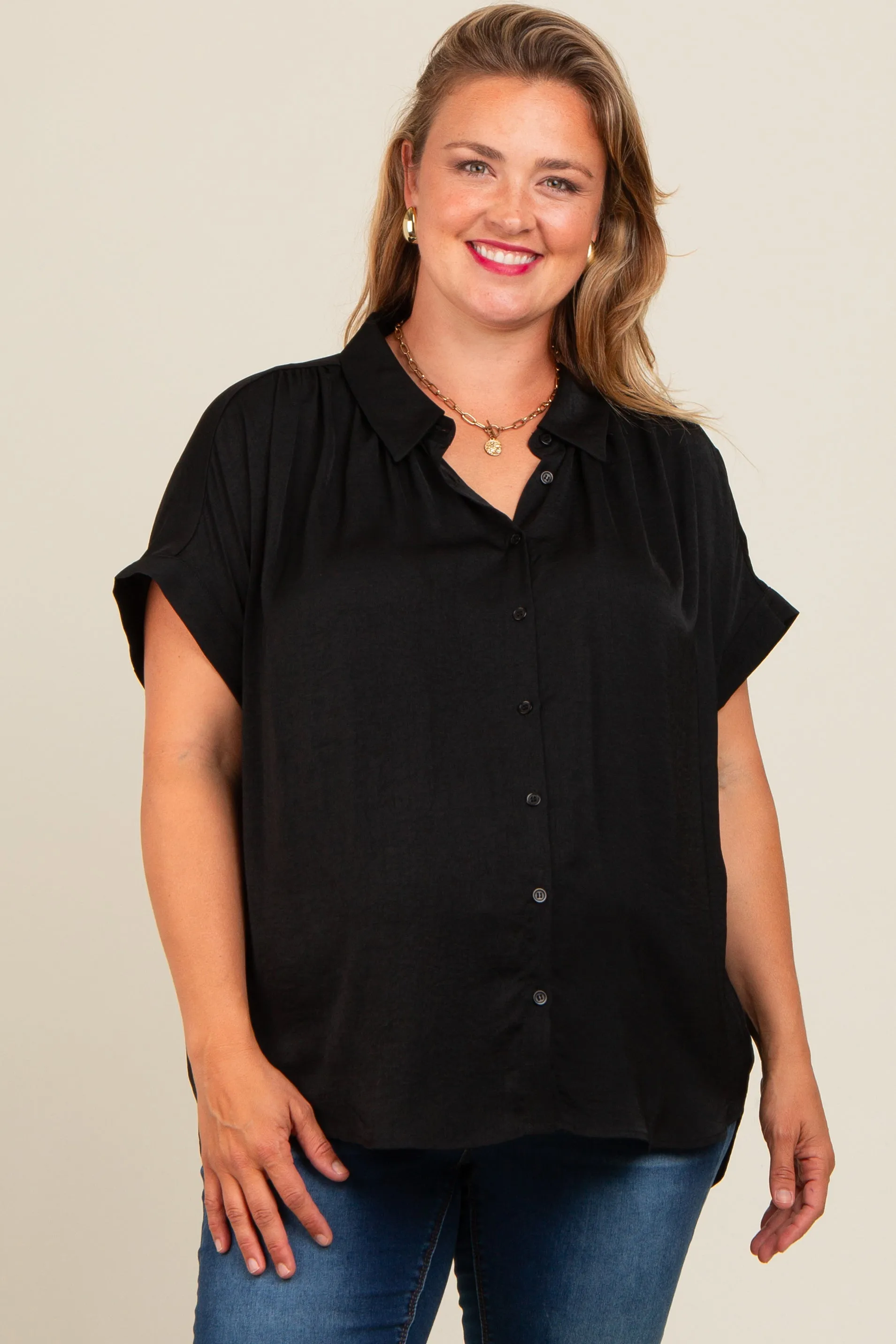 Black Button Down Dolman Sleeve Maternity Plus Top sold by Pinkblush