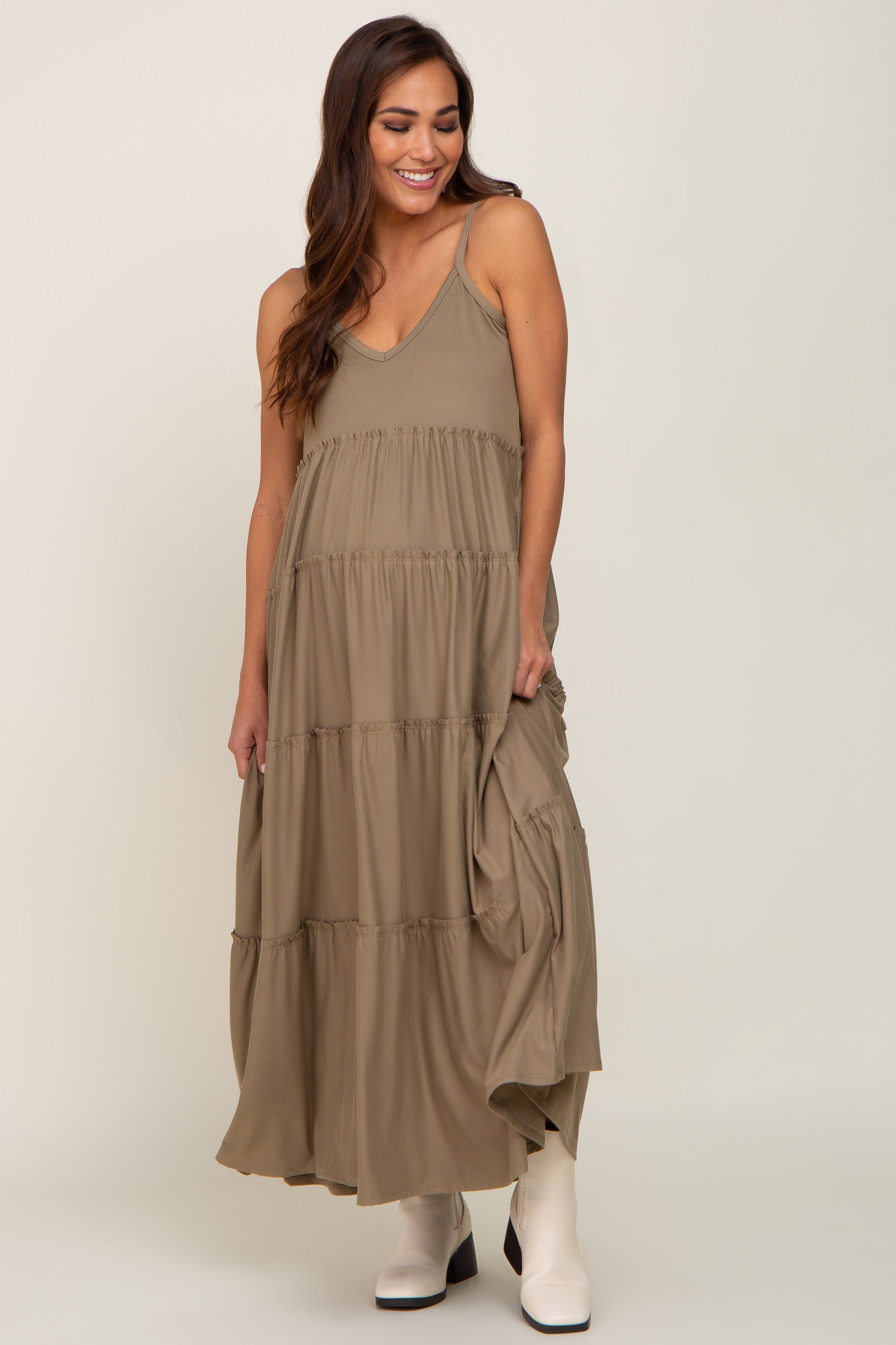 Light Olive Tiered Sleeveless Maternity Maxi Dress sold by Pinkblush