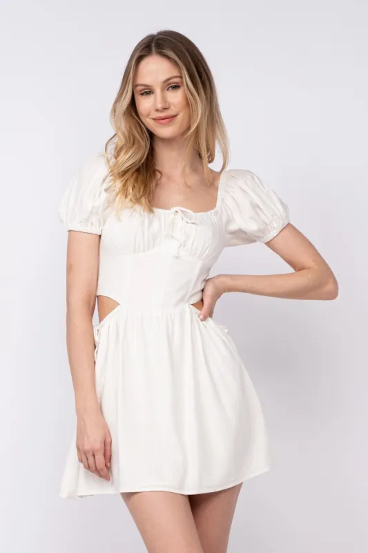 White Solid Color Square Neck Puff Sleeve Mini Dress sold by Pinkblush