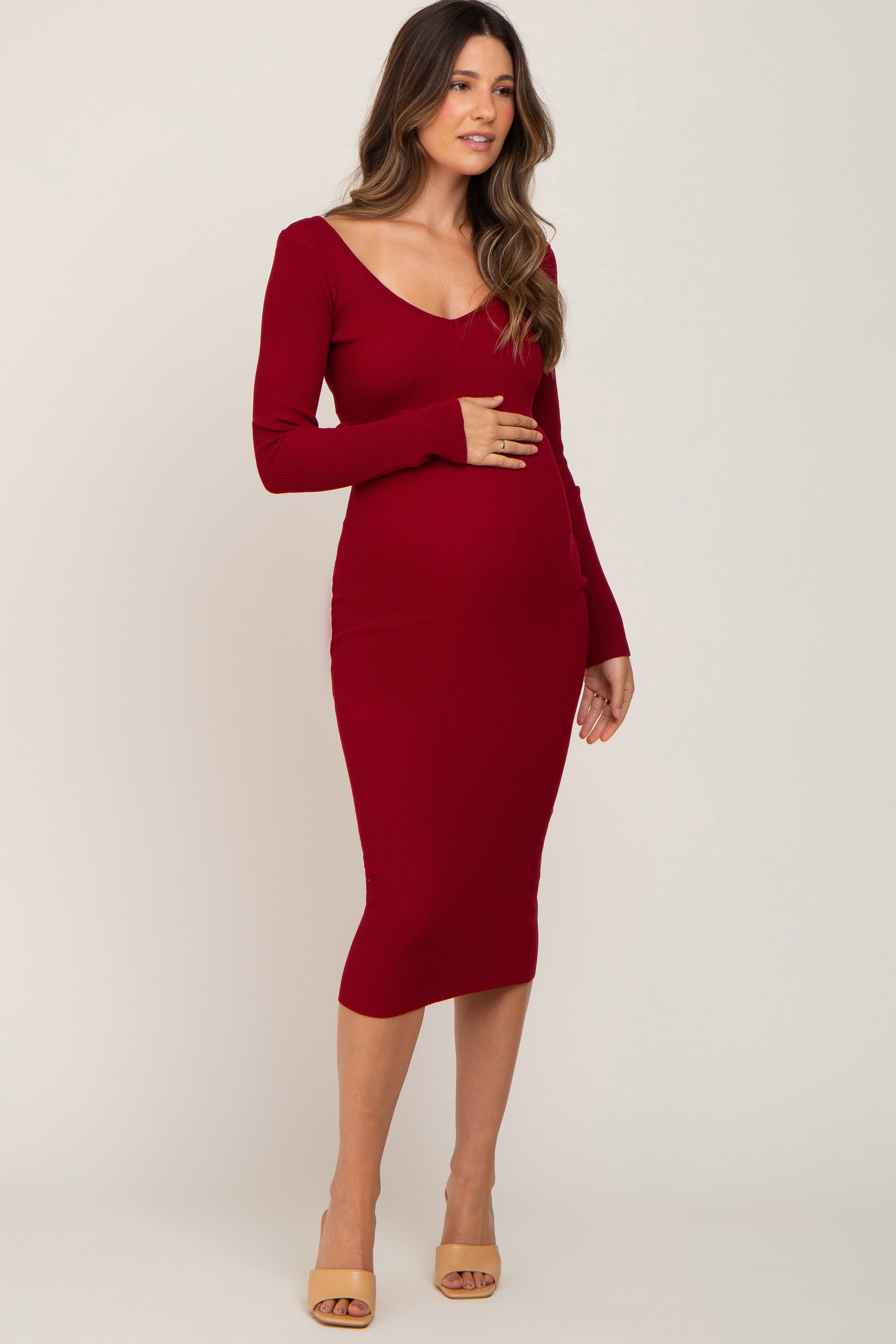Burgundy Knit Ribbed Maternity Midi Dress sold by Pinkblush