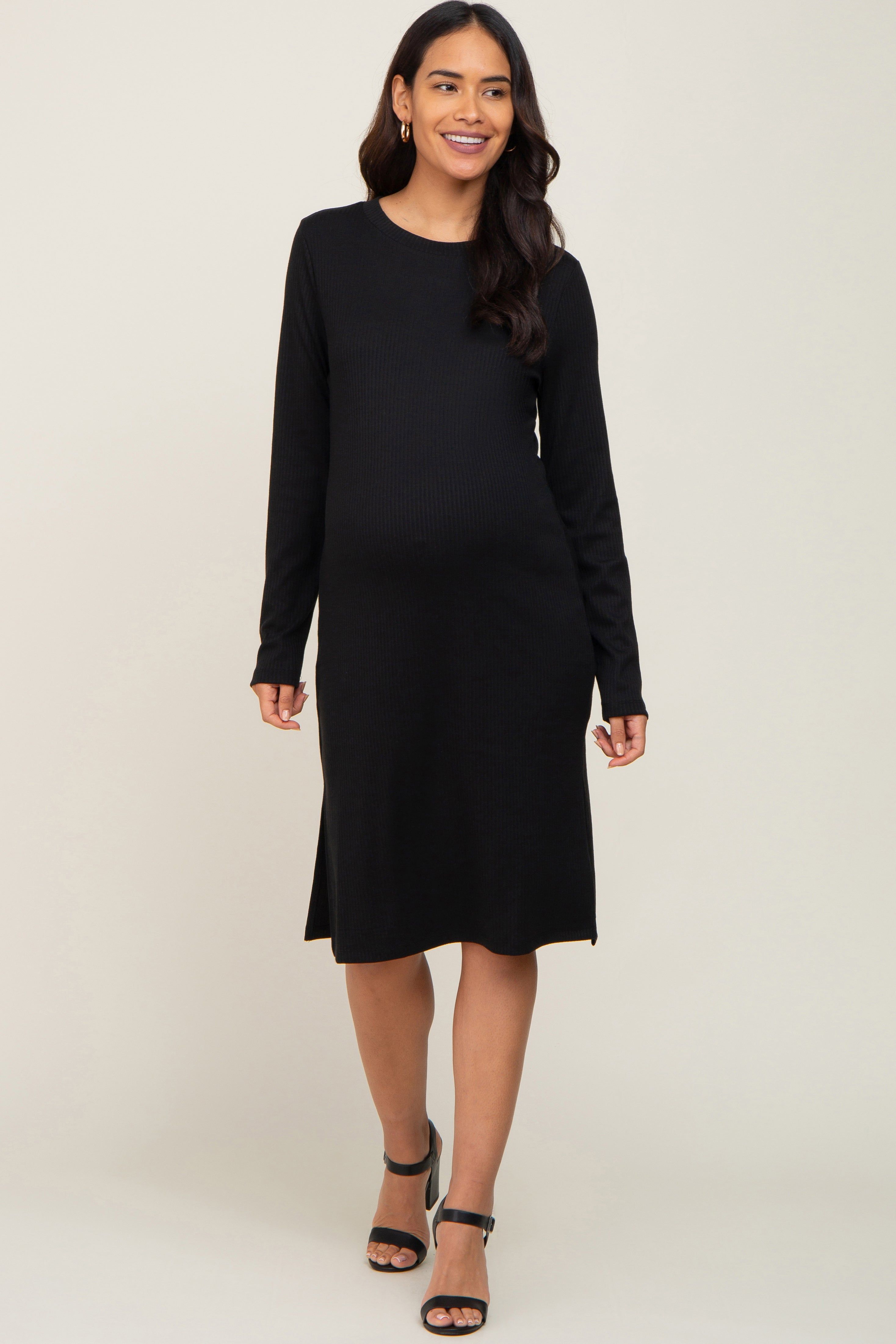 Black Ribbed Long Sleeve Slit Maternity Dress sold by Pinkblush