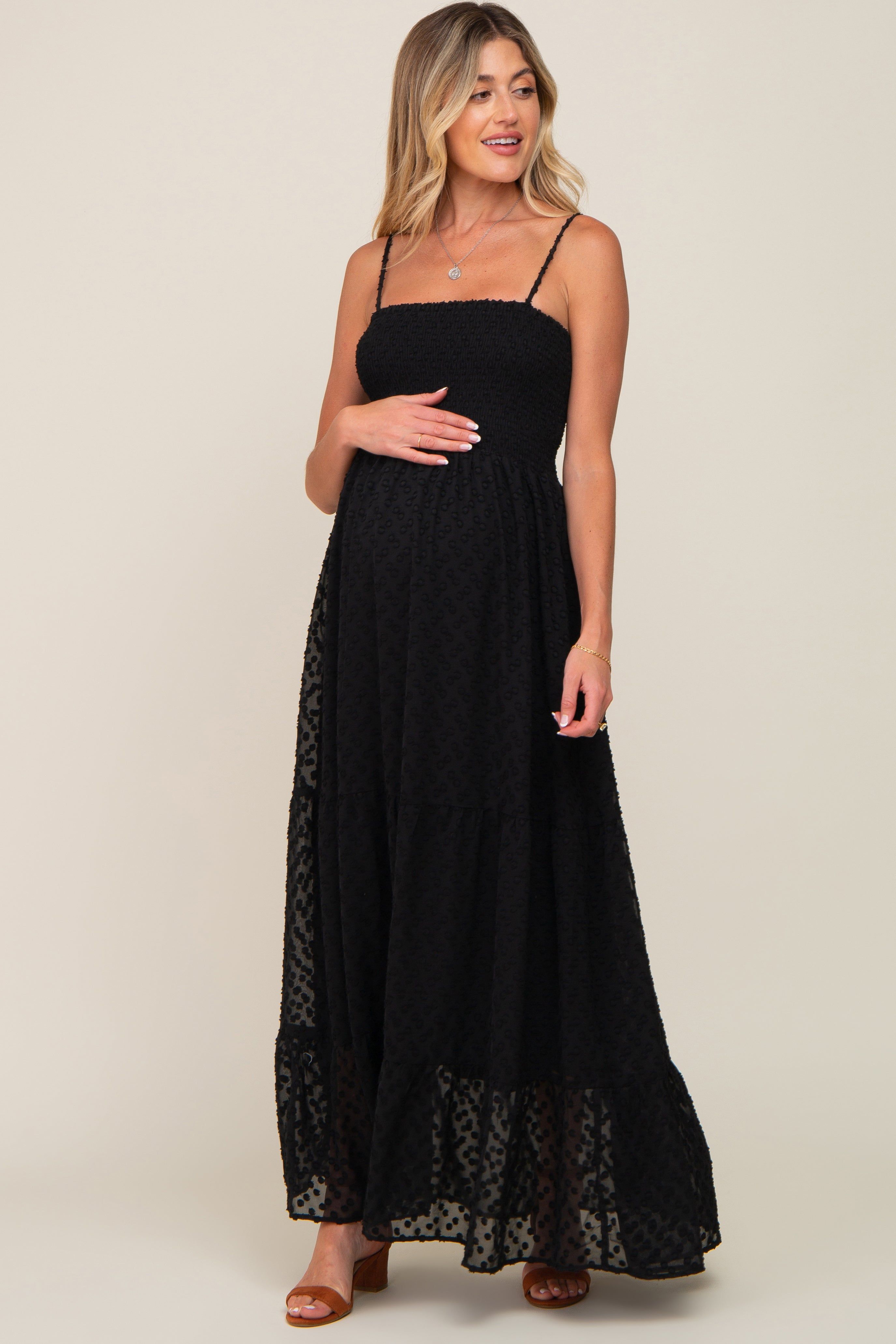Black Textured Dot Chiffon Sleeveless Maternity Maxi Dress sold by Pinkblush product image thumbnail 4