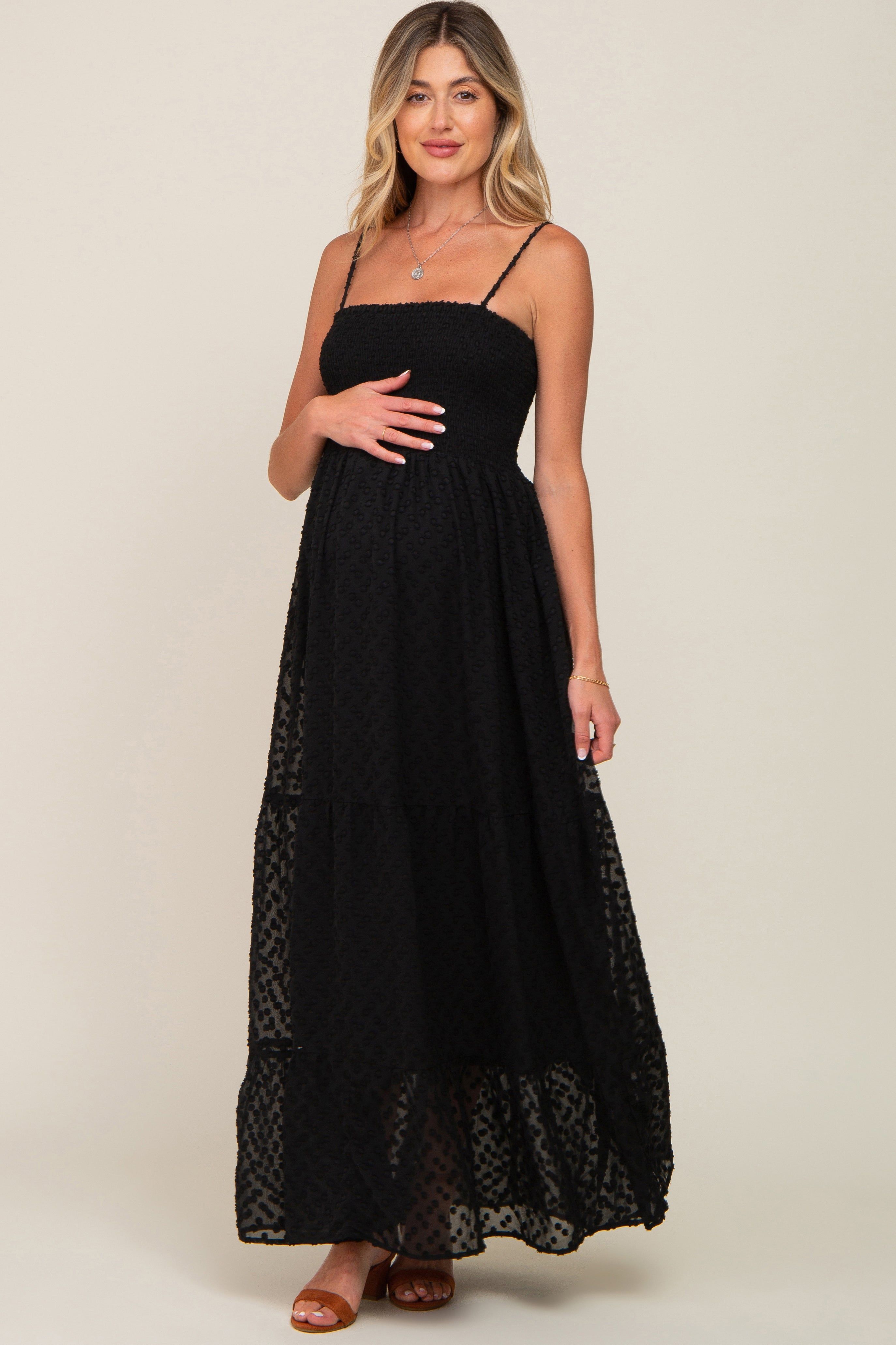 Black Textured Dot Chiffon Sleeveless Maternity Maxi Dress sold by Pinkblush