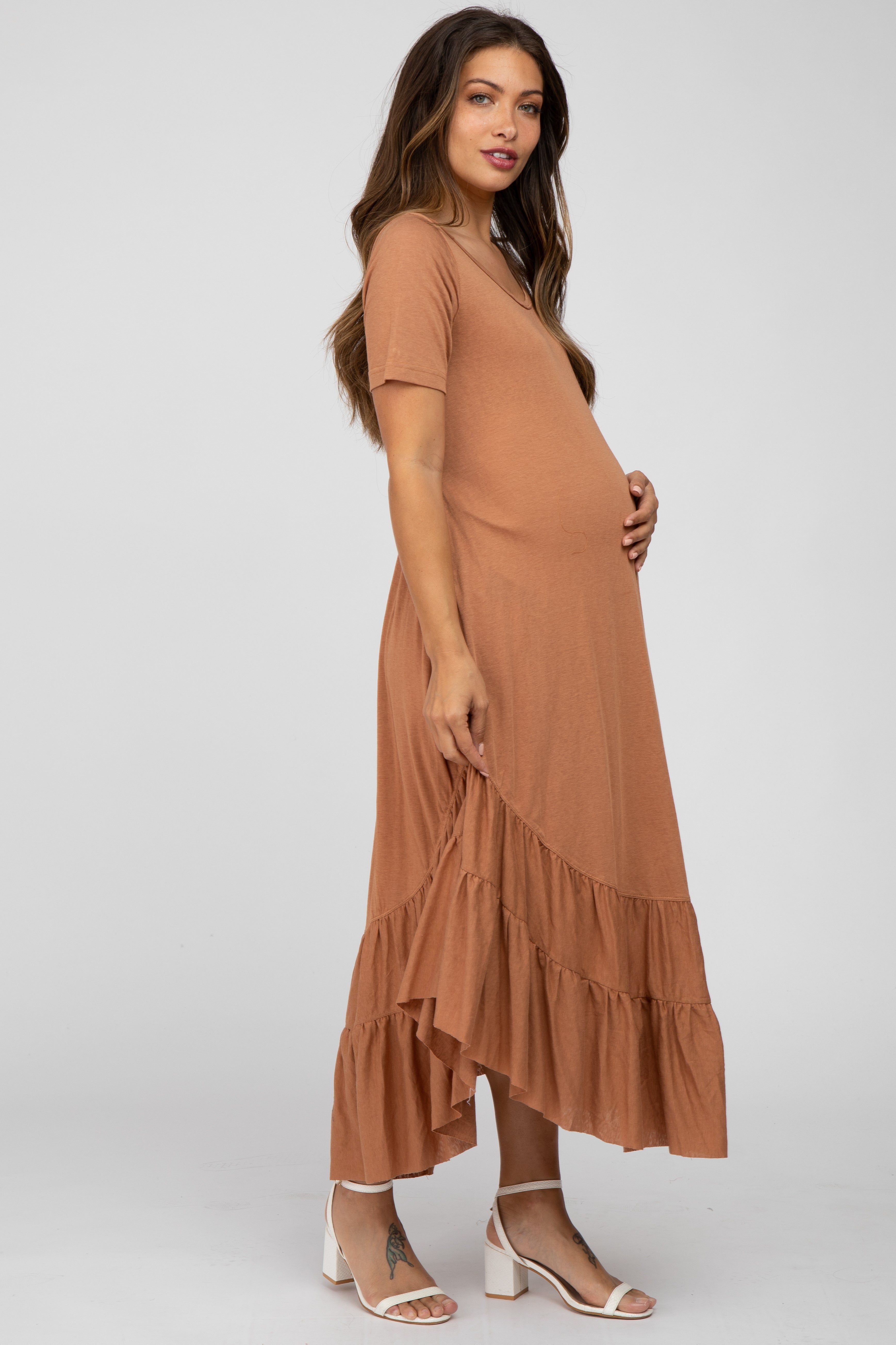 Camel Ruffle Accent Maternity Midi Dress sold by Pinkblush product image thumbnail 2