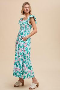 Green Floral Smocked Ruffle Sleeve Maxi Dress sold by Pinkblush