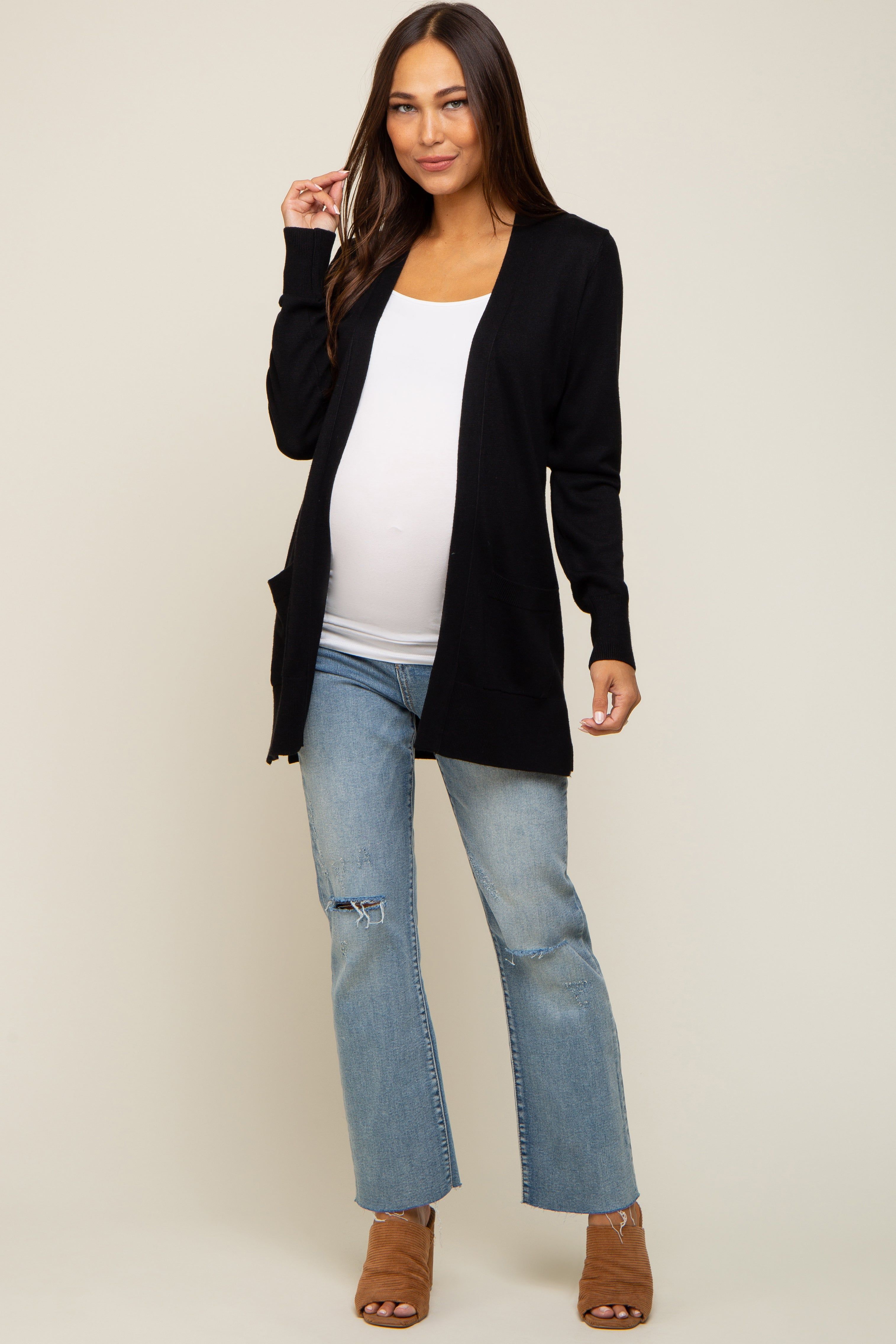 Black Basic Open Front Maternity Cardigan sold by Pinkblush