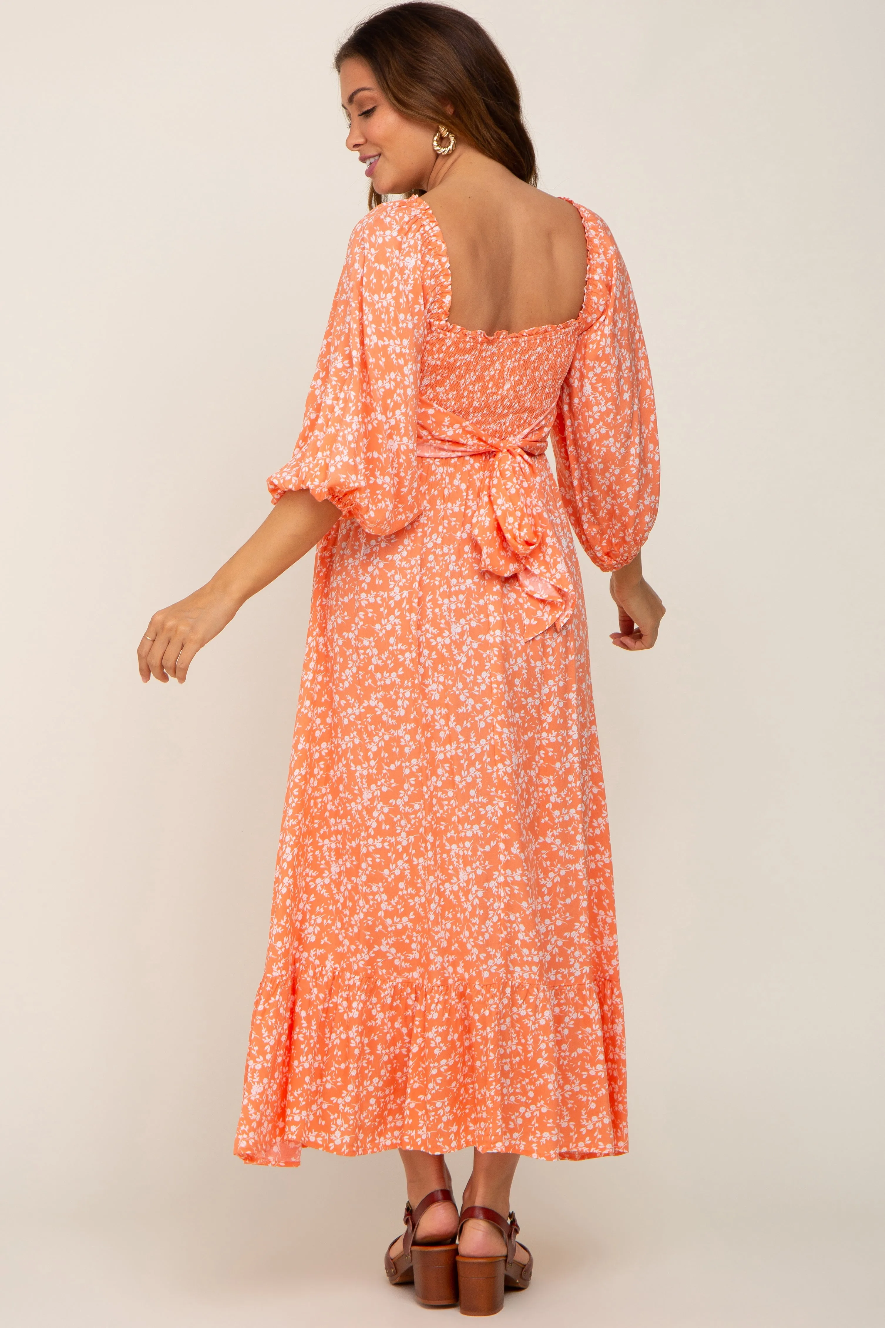 Coral Floral Smocked Tie Back Maternity Midi Dress sold by Pinkblush product image thumbnail 3