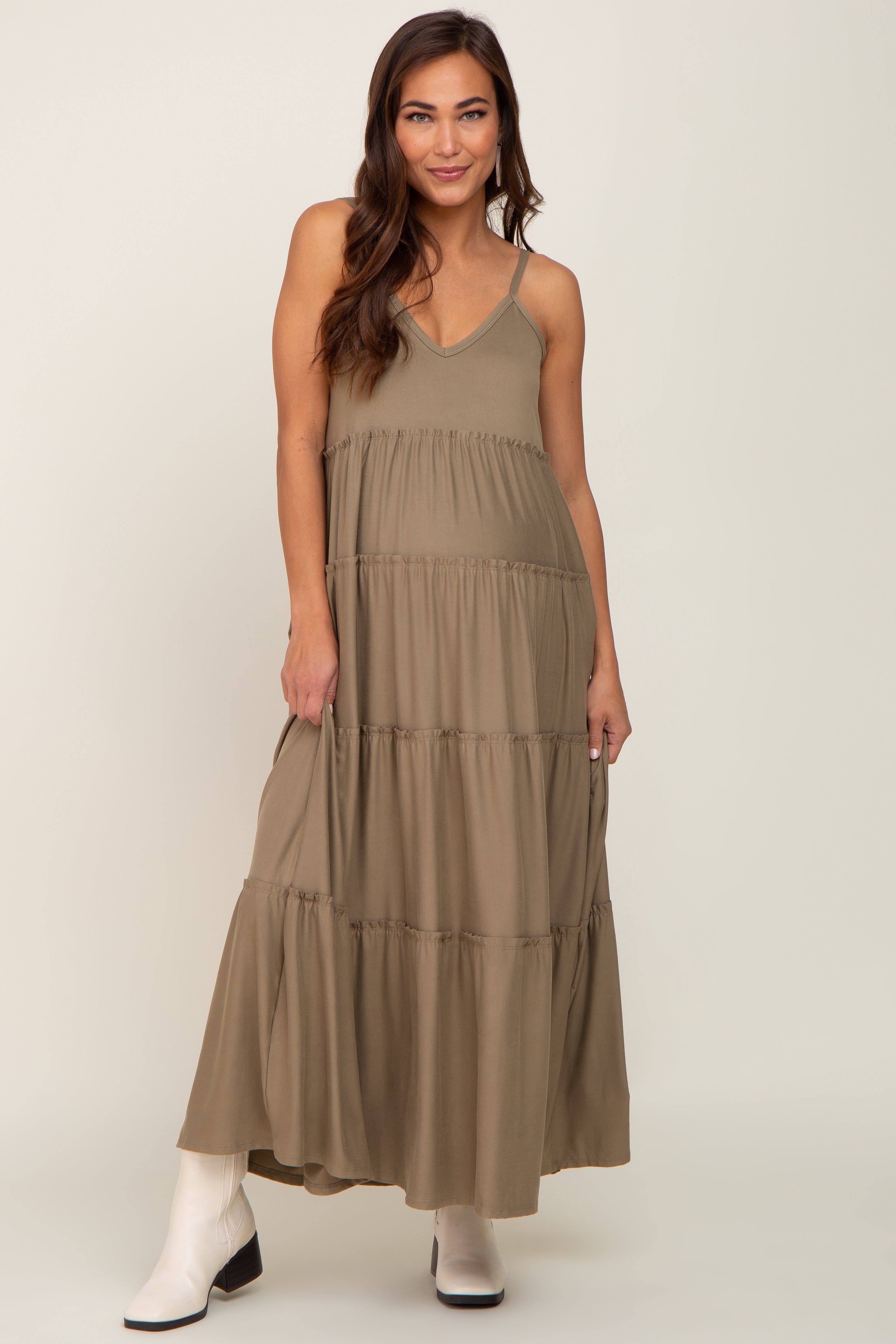 Light Olive Tiered Sleeveless Maternity Maxi Dress sold by Pinkblush product image thumbnail 2